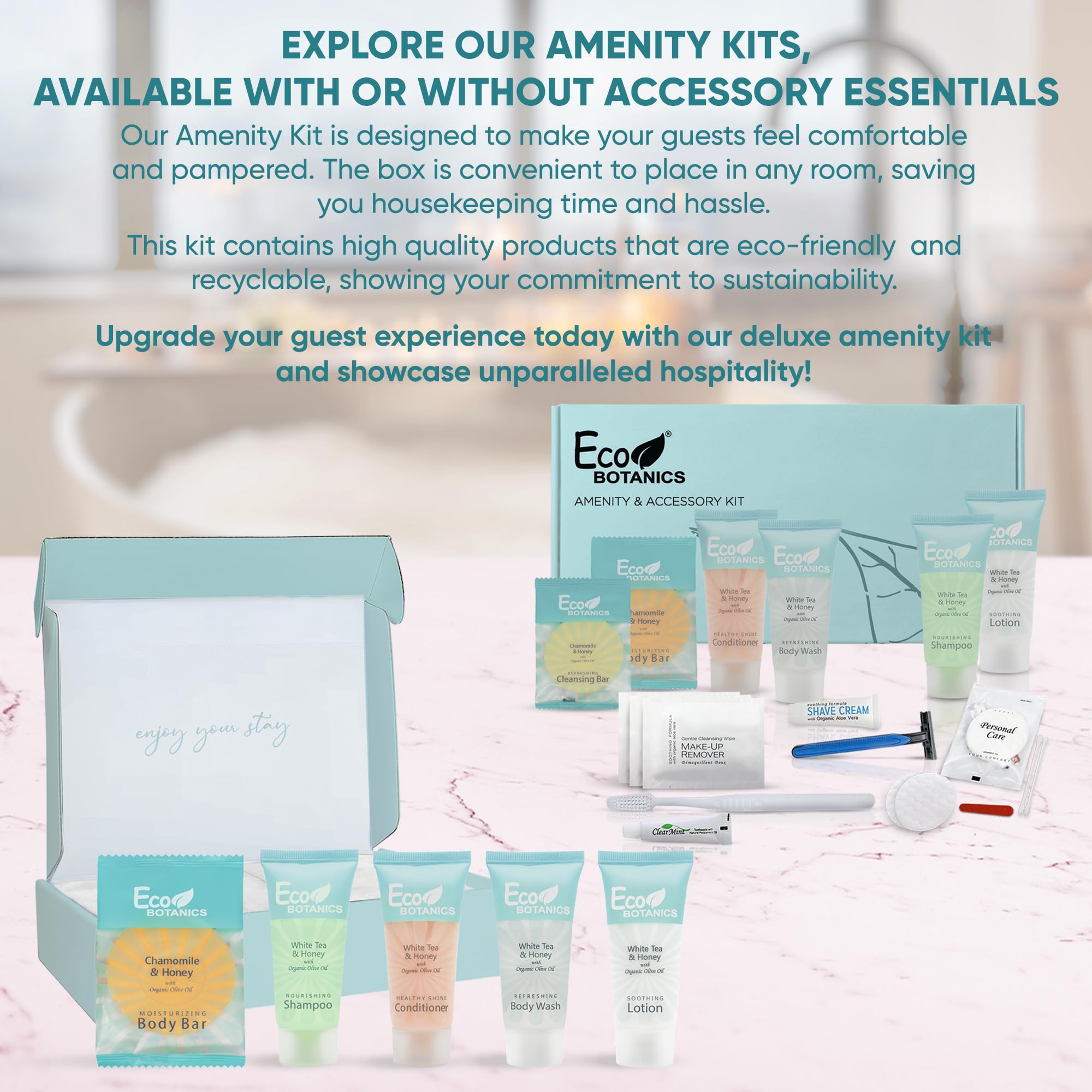 Eco Botanics Travel Amenity Kit - 15 Sets per Case | 0.85 oz Shampoo, Conditioner, Body Wash, Lotion, Soap Bar, Makeup Wipes & Dental Kit | Perfect for Hotels, Airlines, Spas & Luxury Travel Toiletries