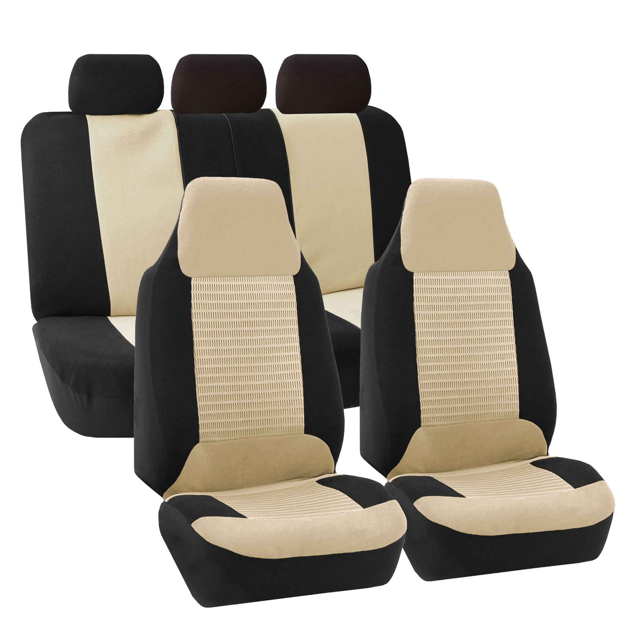 Premium FH Group Car Seat Covers Full Set - Beige Universal Fit Airbag Compatible Split Rear Design for Cars, Vans, Trucks & SUVs | Durable Fabric Protection for Daily Commute, Road Trips & Family Travel