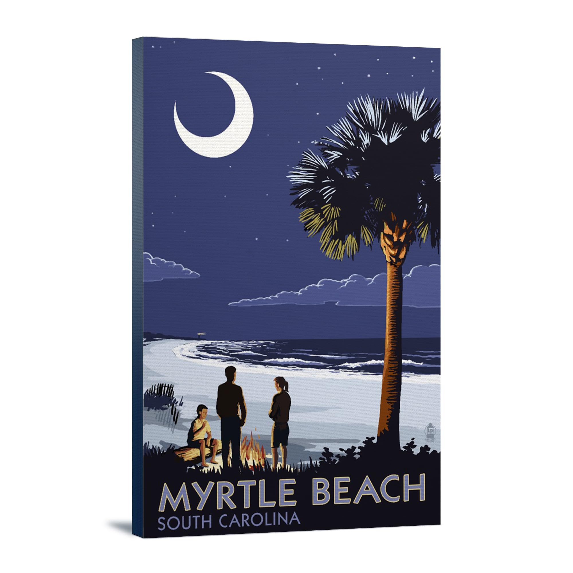 Myrtle Beach South Carolina Wall Art - Lantern Press Palmetto Moon & Bonfire 12x18 Wrapped Canvas - Coastal Decor for Living Room, Bedroom, or Office