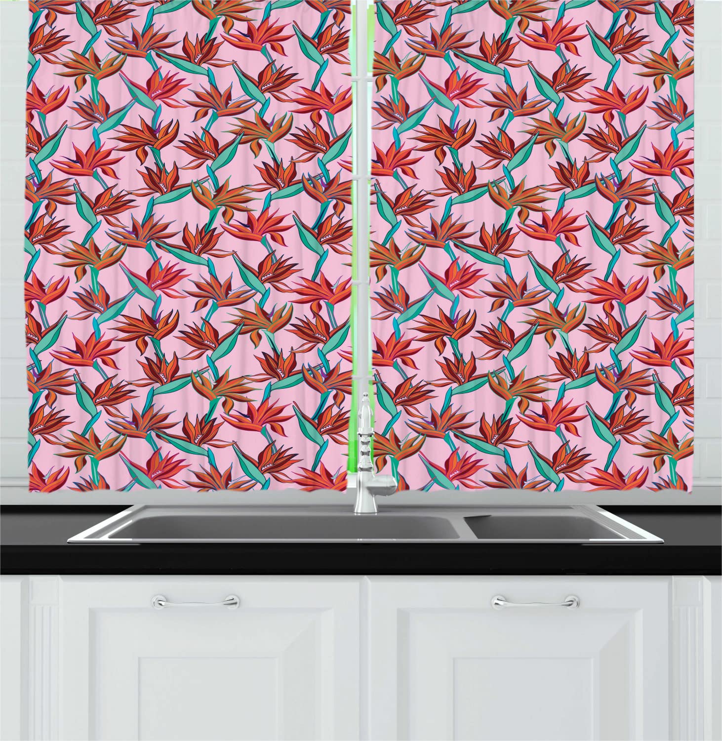 Ambesonne Exotic Long Kitchen Curtains - Bird of Paradise & Tropical Flowers Print, 55x45 Inch Pink Multicolor Drapes with Rod Pocket for Windows, Perfect for Hawaiian & Jungle Themed Home Decor, Dining Room & Tropical Style Kitchens