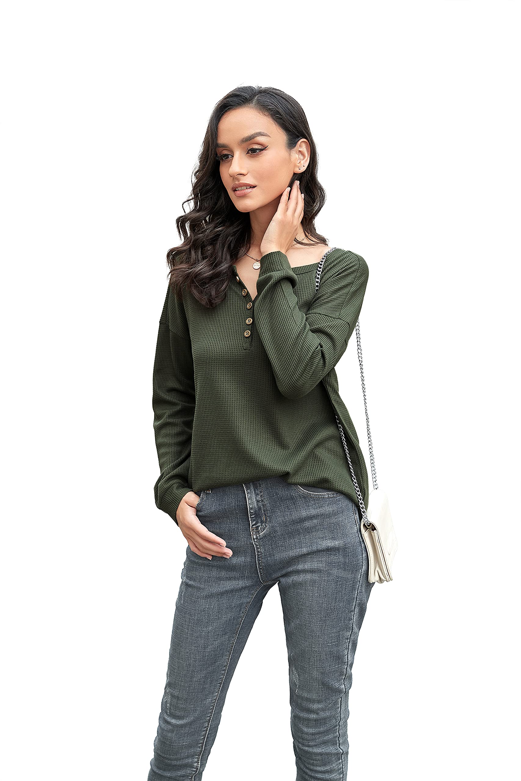 Iandroiy Women's Long Sleeve V-Neck Button Down Blouse - Waffle Knit Casual Tunic Top Shirt for Work, Date Night & Everyday Wear