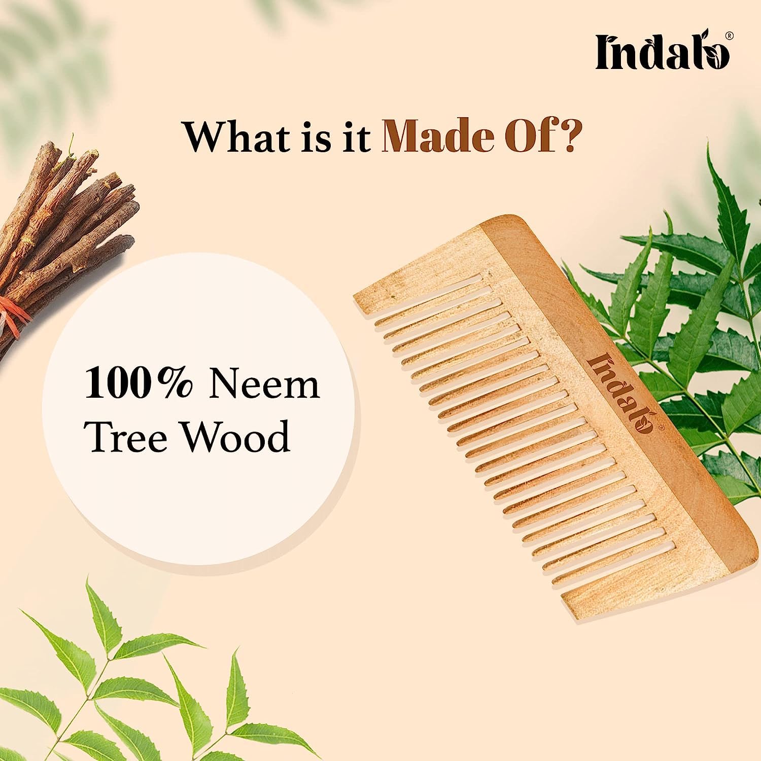 Indalo Kacchi Neem Wooden Comb for Men & Women – Natural Hair Care Comb Reduces Hair Fall, Breakage & Dandruff – Ayurvedic Wood Comb for Healthy Scalp & Shiny Hair – Perfect for Daily Hair Detangling & Scalp Massage at Home or Travel