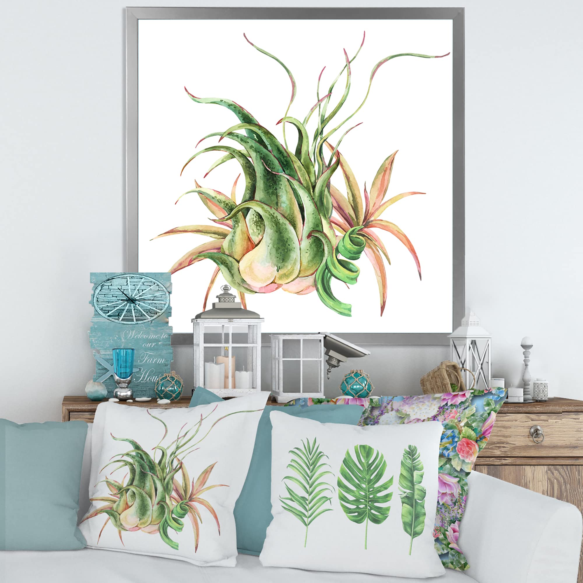 DesignQ Tropical Leaves Air Plant Succulent Farmhouse Framed Wall Art - Boho Home Decor for Living Room, Bedroom & Office