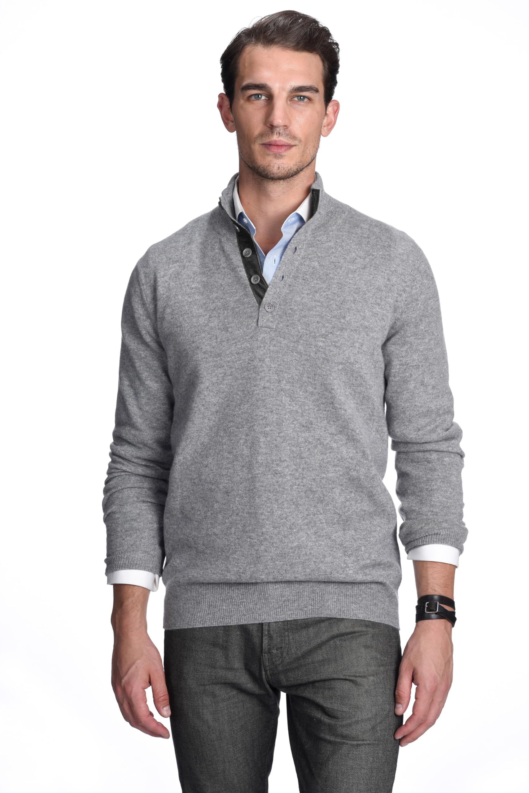 100% Pure Cashmere Men's Mock Neck Sweater - Soft Button-Up Long Sleeve Polo Pullover with Quarter Collar | Perfect for Office, Date Night & Winter Layering