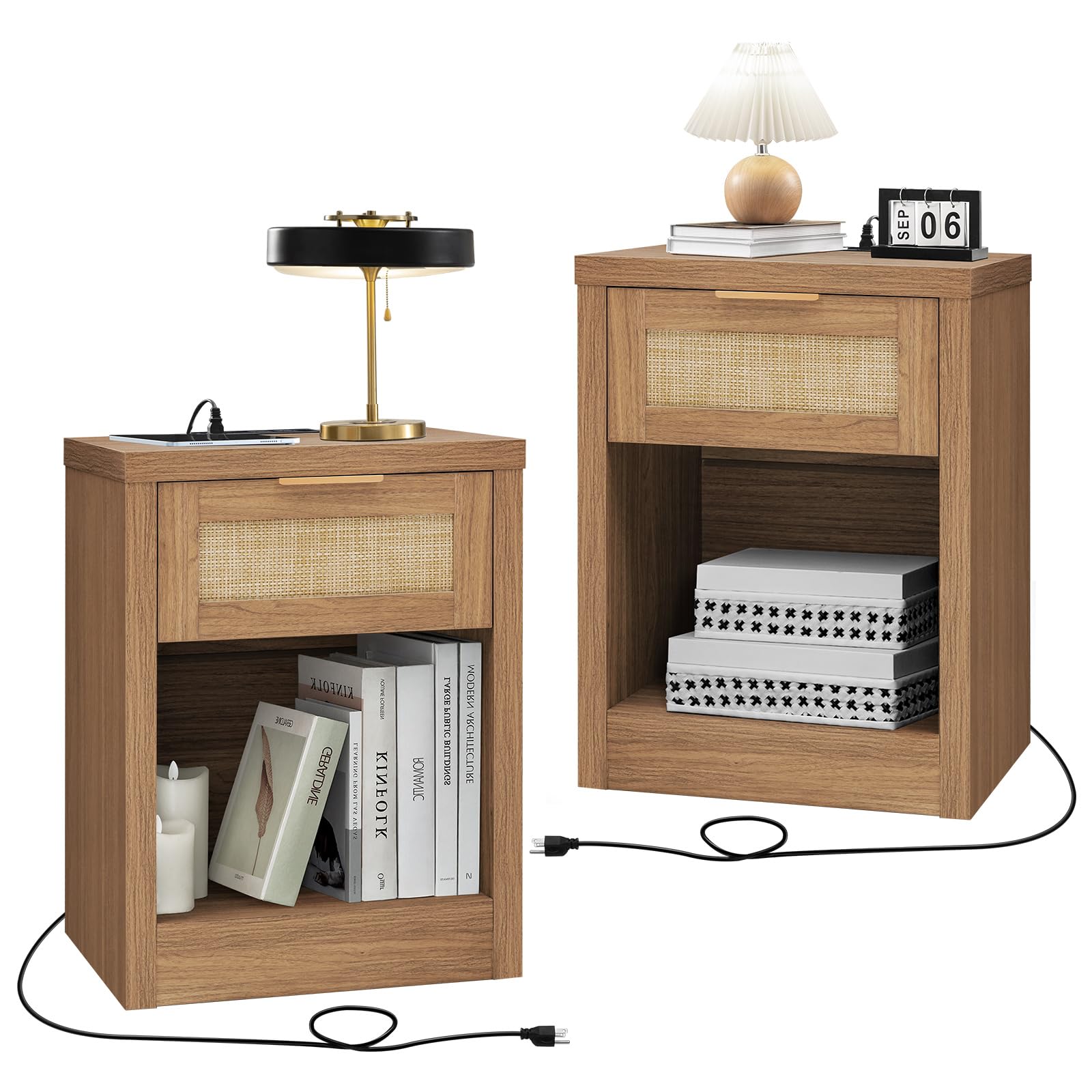 2-Piece Rattan Nightstand Set with USB-C Charging Station & Drawer - Boho Bedside Table, End Table for Bedroom & Living Room (Weathered Oak) - Perfect for Small Spaces, Guest Rooms & Apartment Decor