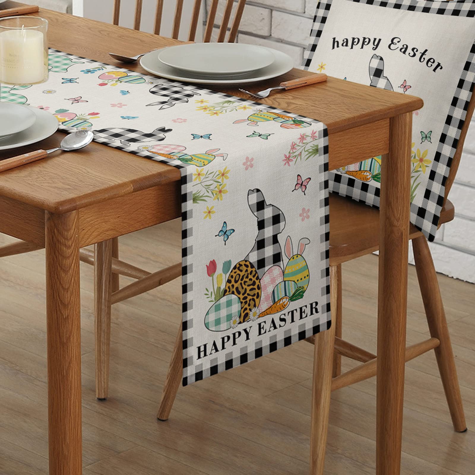 90 Inch Easter Table Runner - Black and White Buffalo Plaid with Eggs & Rabbits Design - 13x90in Kitchen Dining Table Decor for Holiday Parties, Home Decor, Coffee Table & Buffet Settings
