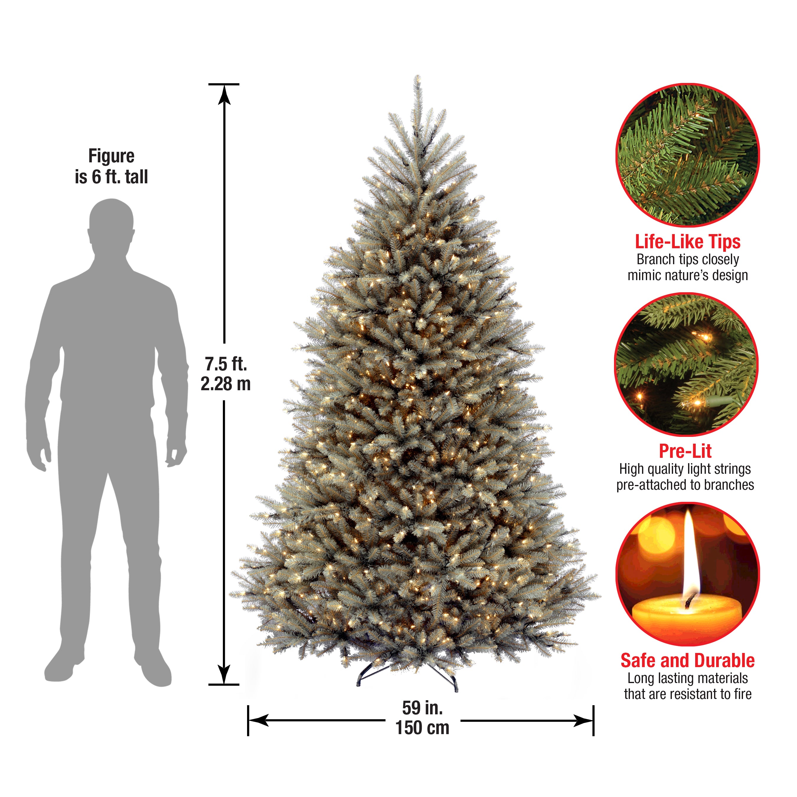 7.5 ft Pre-Lit Dunhill Fir Artificial Christmas Tree with Snowy Blue Tips and Clear LED Lights - Perfect for Holiday Home Decor, Office, and Festive Party Settings