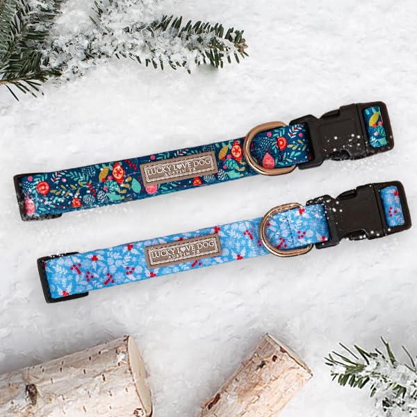 Blue Winter Pinecones Dog Collar with Lucky Love Charm - Festive Holiday Pet Accessory for Small, Medium & Large Dogs | Perfect for Christmas Photos, Winter Walks & Seasonal Celebrations