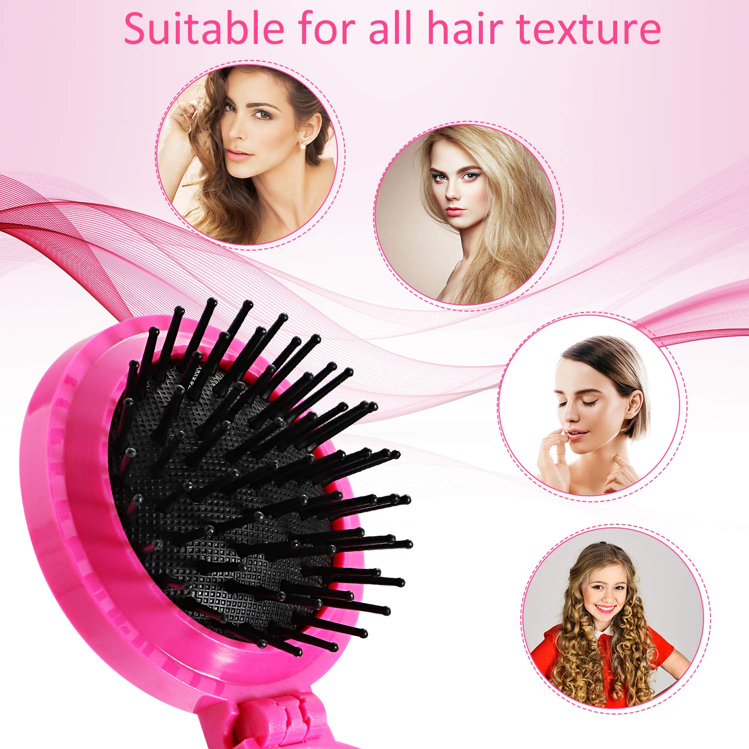 Foldable Travel Mirror Hair Brush 2 Pack - Round Portable Folding Pocket Hairbrush & Mini Comb Set for Men & Women | Compact Travel Size with Massage Bristles (Purple, Rose Red) | Perfect for On-the-Go Styling, Gym Bags & Travel Accessories