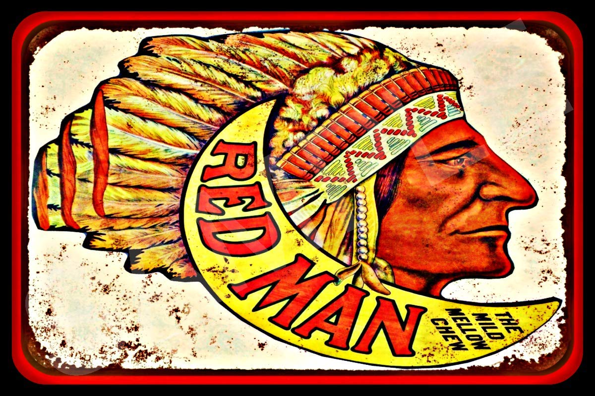 Vintage Redman Chew Metal Sign 8x12 Inches - Retro Medicine Man & Cigar Indian Wall Art for Man Cave, Cabin, Bar, or Garage Decor - Perfect Western & Rustic Home Decor Gift