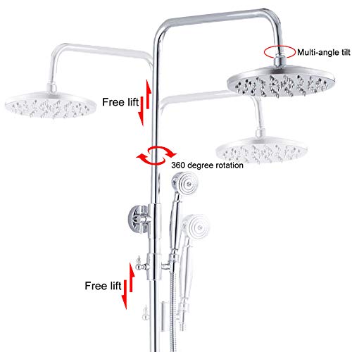 GGStudy Chrome Rain Shower System Set - 8 Inch Round Rainfall Shower Head with Handheld Spray & 2 Knob Mixer - Modern Bathroom Faucet for Spa-Like Shower Experience | Perfect for Master Bath, Guest Bath & Luxury Home Renovation