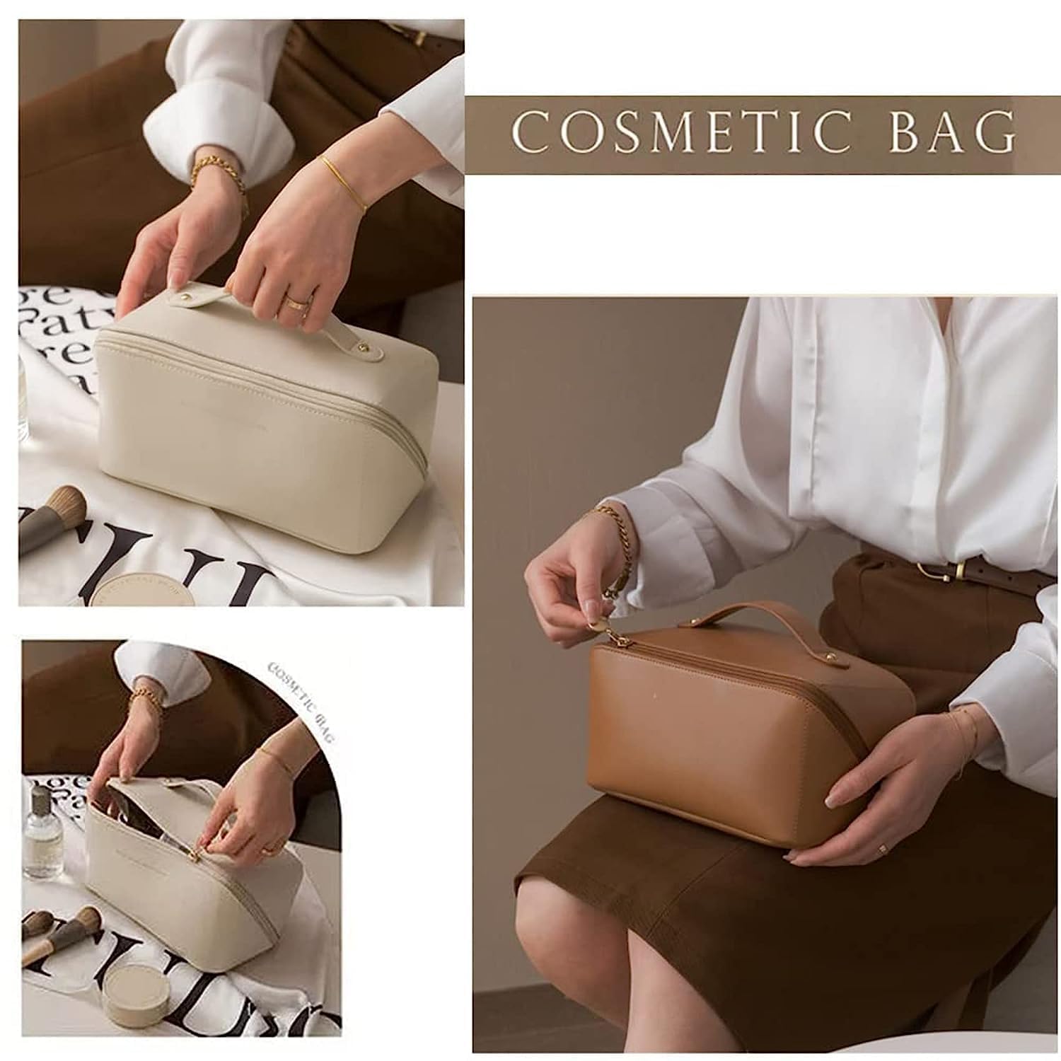 GREENITYA Large Leather Makeup Bag - Waterproof Travel Cosmetic Organizer for Skincare & Toiletries