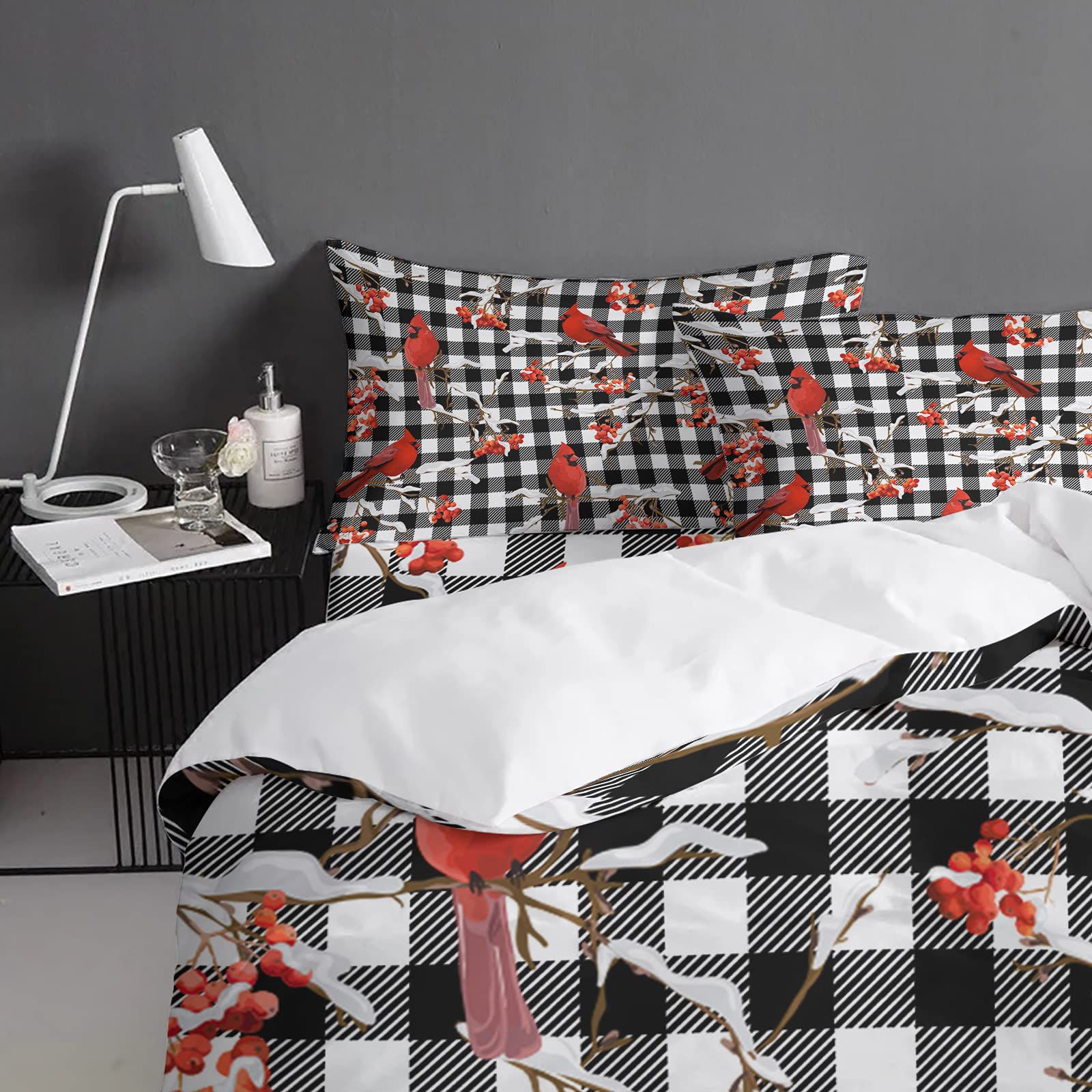 Christmas Duvet Cover Set 4-Piece Queen Size - Winter Snow Cardinalis Black White Plaid Soft Bedding Set with Duvet Cover, Flat Sheet & Pillowcases - Cozy Holiday Bedroom Decor for Kids, Teens & Adults