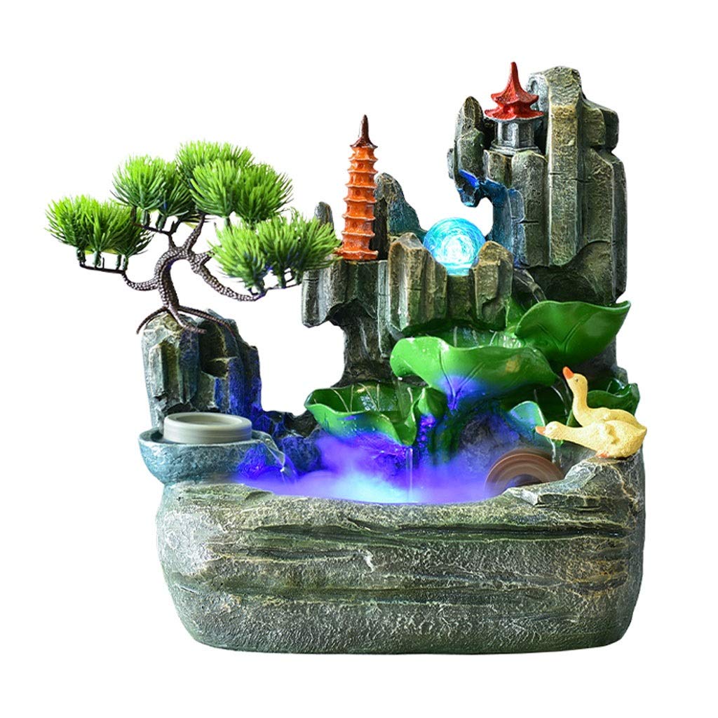 Xiangfushe Desktop Fountain - Resin Rockery Waterfall with Fish Tank, Wind Water Wheel & Spinning Ball | Feng Shui Office Decor, Home Tabletop Water Feature for Relaxation & Stress Relief (Small Size)