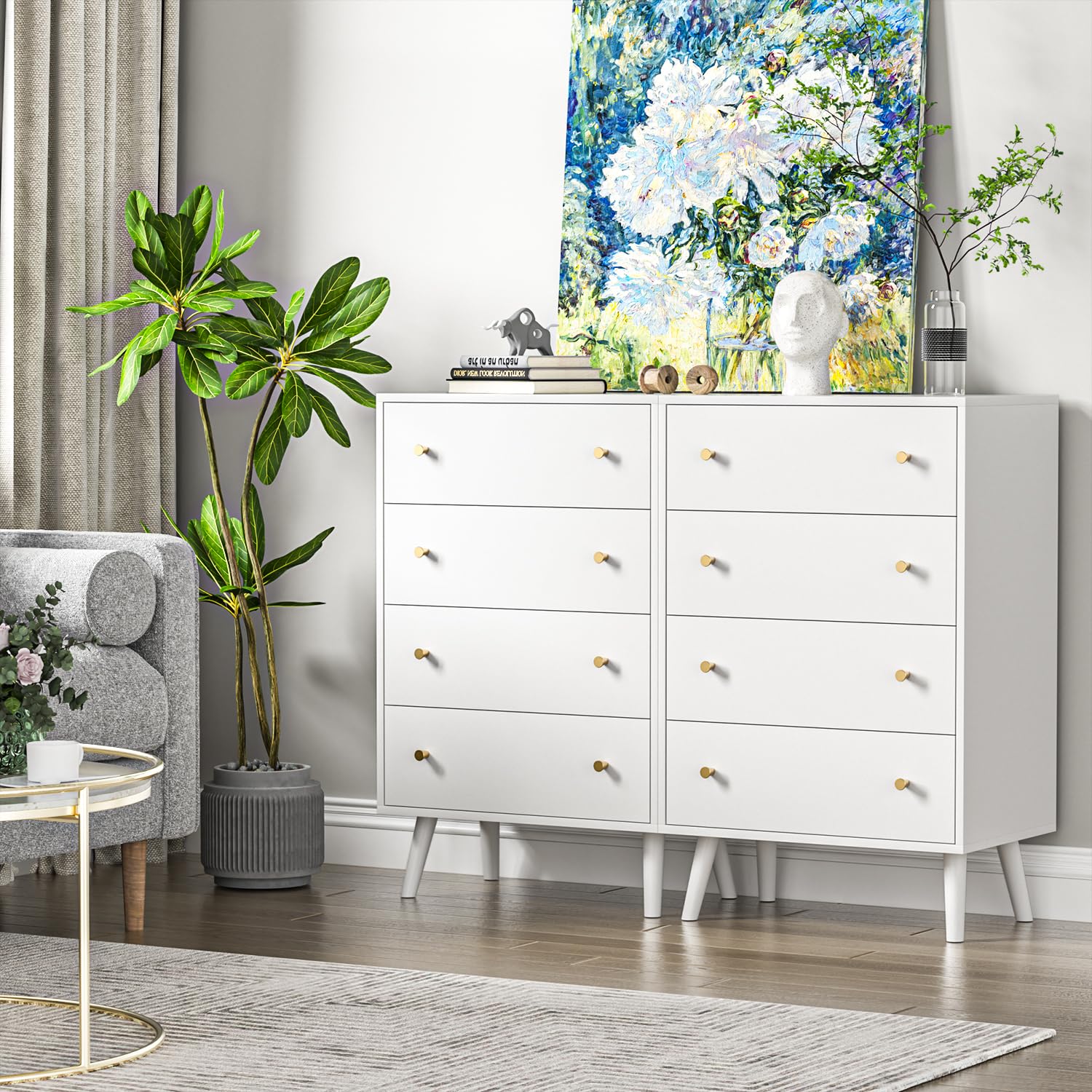 Modern White Dresser - Tall 4 Drawer Wooden Chest for Bedroom, Living Room & Home Office | Stylish Storage Solution for Clothes, Linens & Home Organization