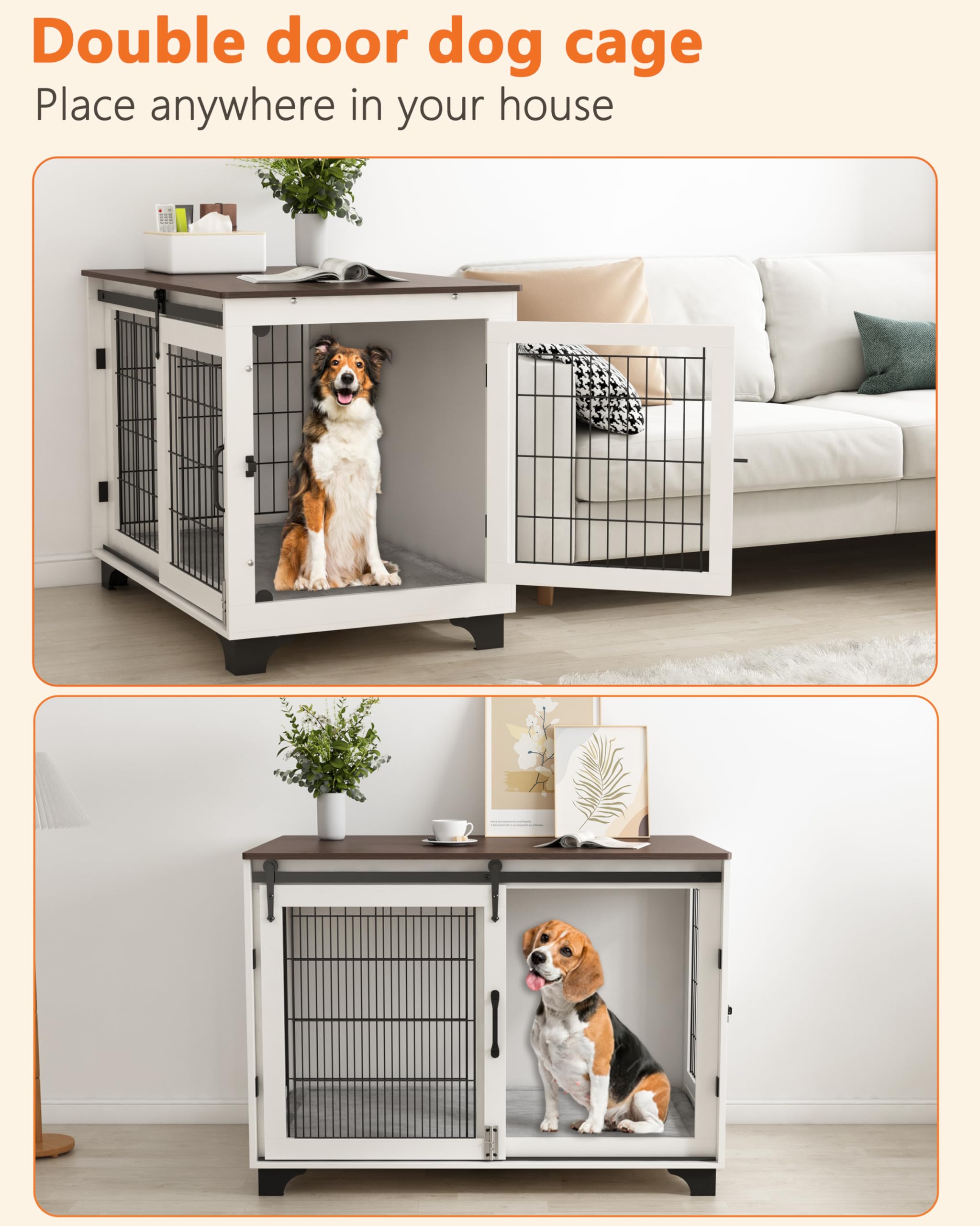 Piskyet Large Dog Crate Furniture - Barn Door Dog Kennel for Dogs Up to 60 lbs, Modern Sliding Door Pet Crate with Decorative End Table & Nightstand Design - Perfect for Living Room, Bedroom or Office