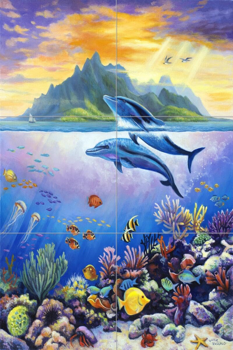 Ceramic Backsplash Tile Mural - Dolphin & Whale Underwater Ocean Scene - Kitchen, Bathroom & Shower Wall Decor - Paradise Theme by John Zaccheo | Perfect for Coastal, Beach & Nautical Home Decor