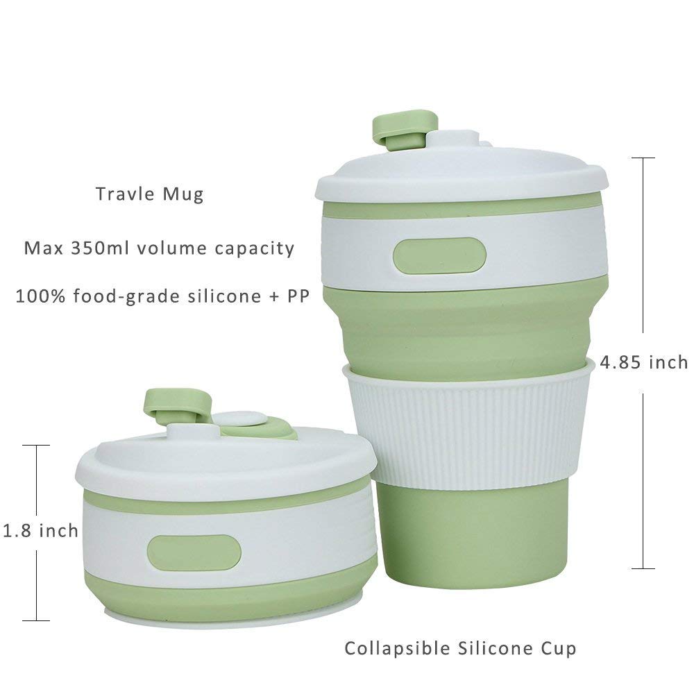 Collapsible Travel Cup with Lid - Leakproof Silicone Drinking Mug for Water, Coffee & Tea - Portable for Hiking, Camping, Picnics & Outdoor Adventures - BPA Free & Eco-Friendly (Green)