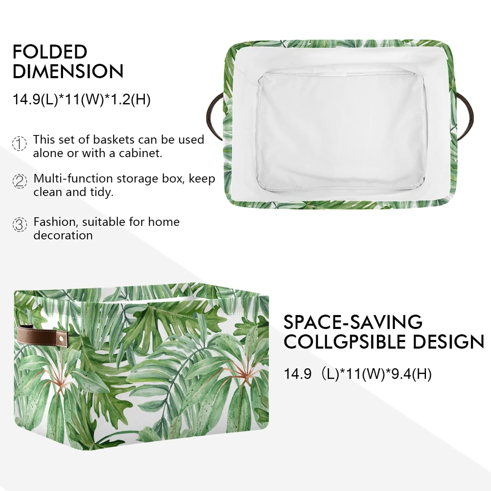 Susiyo Large Foldable Storage Bin - Green Tropical Leaves Fabric Collapsible Basket with PU Handles | Decorative Organizing Bin for Shelves, Closet, Bedroom & Living Room | Perfect for Home Organization, Laundry Storage & Toy Collection (1-Pack)