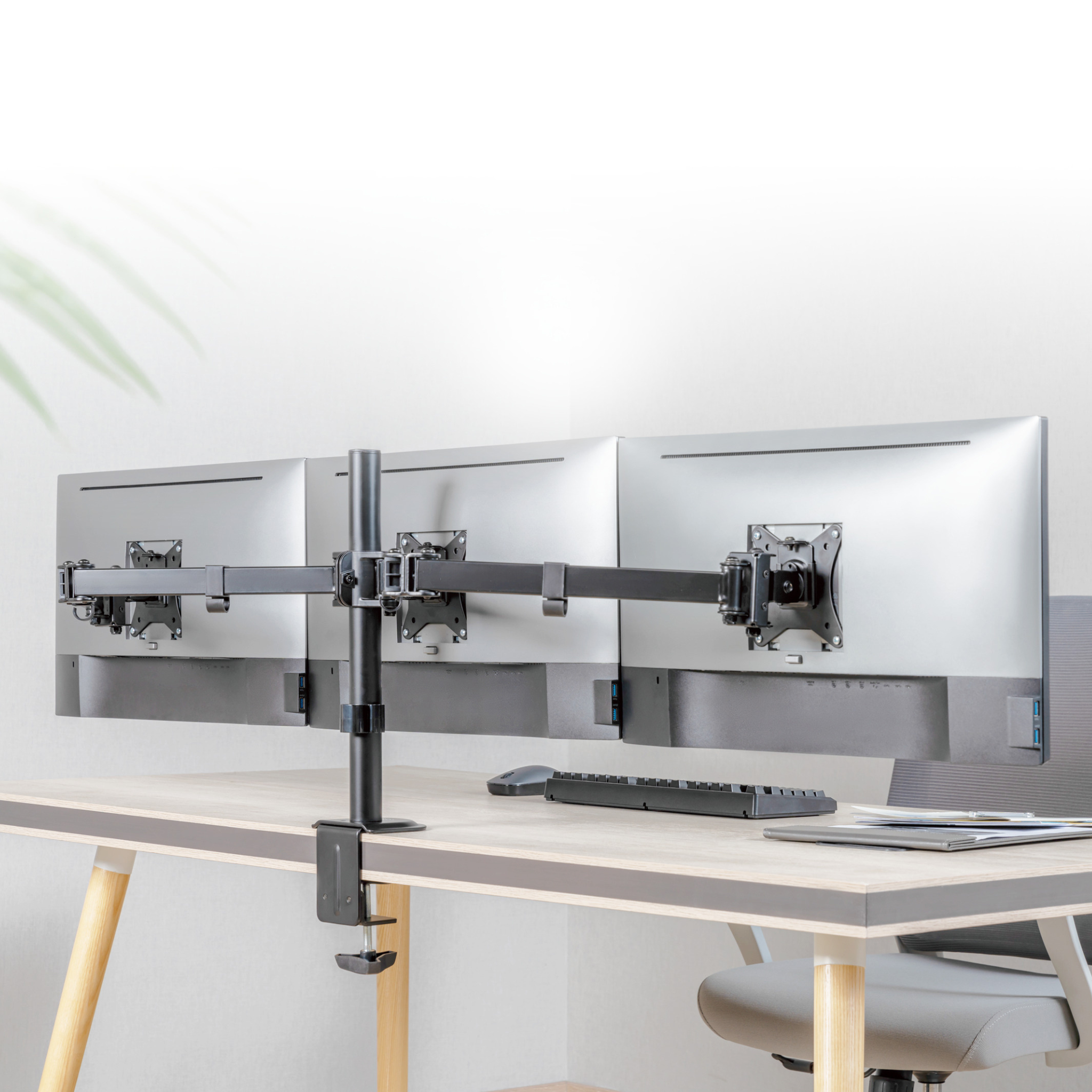Outshine Gaming Triple Monitor Mount Stand - Adjustable 3 Screen Desk Clamp for PC, Laptop, Workstation - Perfect for Gamers, Streamers & Office Professionals