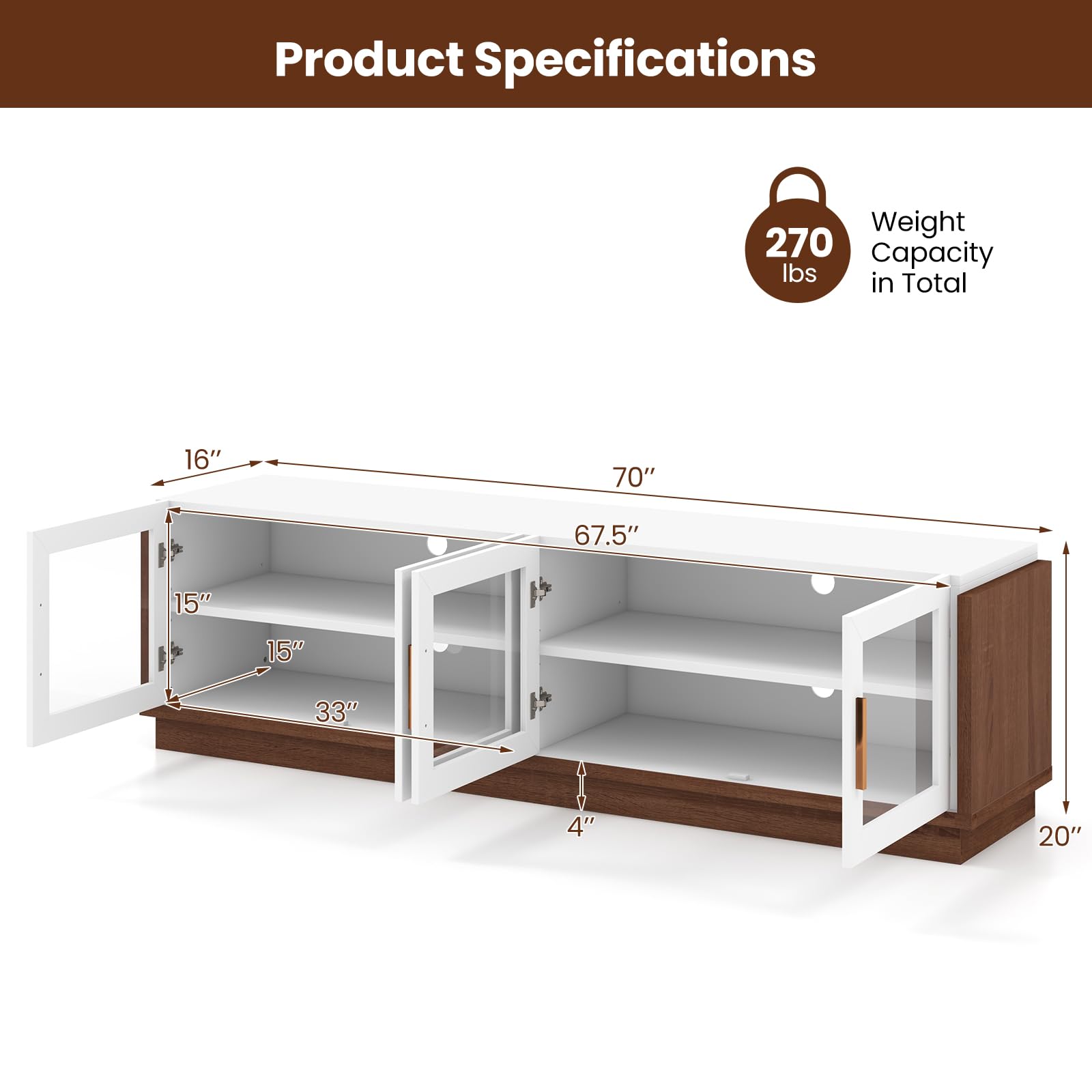 Giantex 75 Inch TV Stand with 4 Tempered Glass Doors & 2 Adjustable Shelves - Large Entertainment Center with 4 Cable Holes, Media Console (70