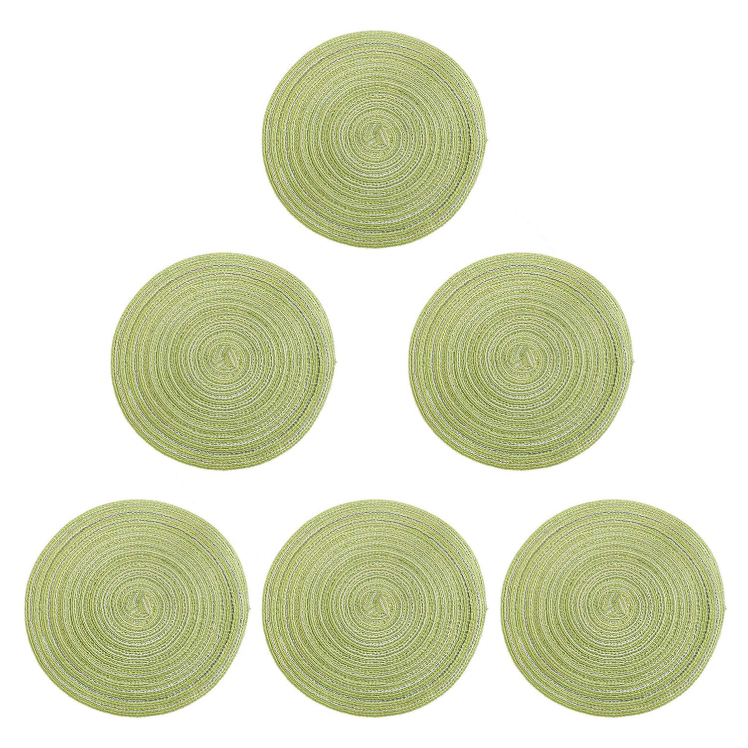 6 Pack Round Woven Placemats - Non-Slip Heat Resistant Kitchen Table Mats (7 Inch, Green) | Washable & Durable for Dining, Parties, and Home Decor