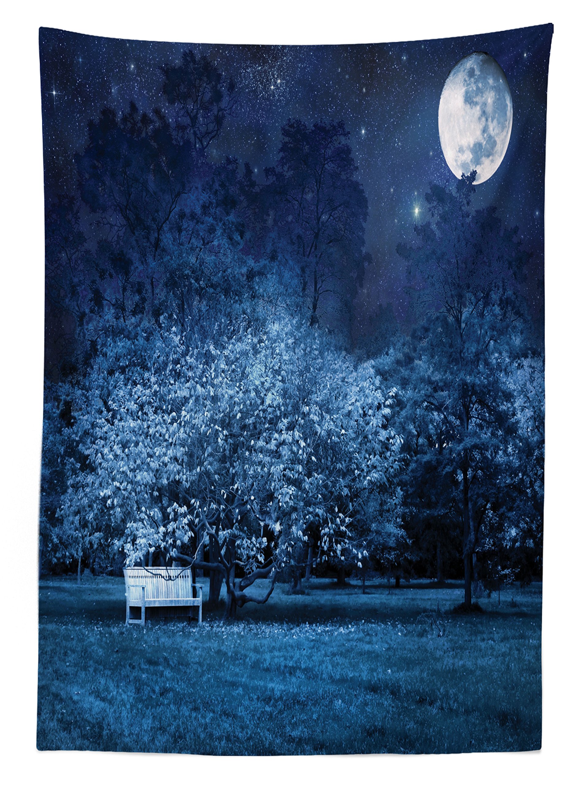 Fantasy Outdoor Tablecloth - Surreal Full Moon Night Park Scene with Bench Under Tree Print, Washable Picnic Table Cover 58x120 Inches, Navy Blue & White - Perfect for Picnics, BBQs, Garden Parties & Outdoor Dining