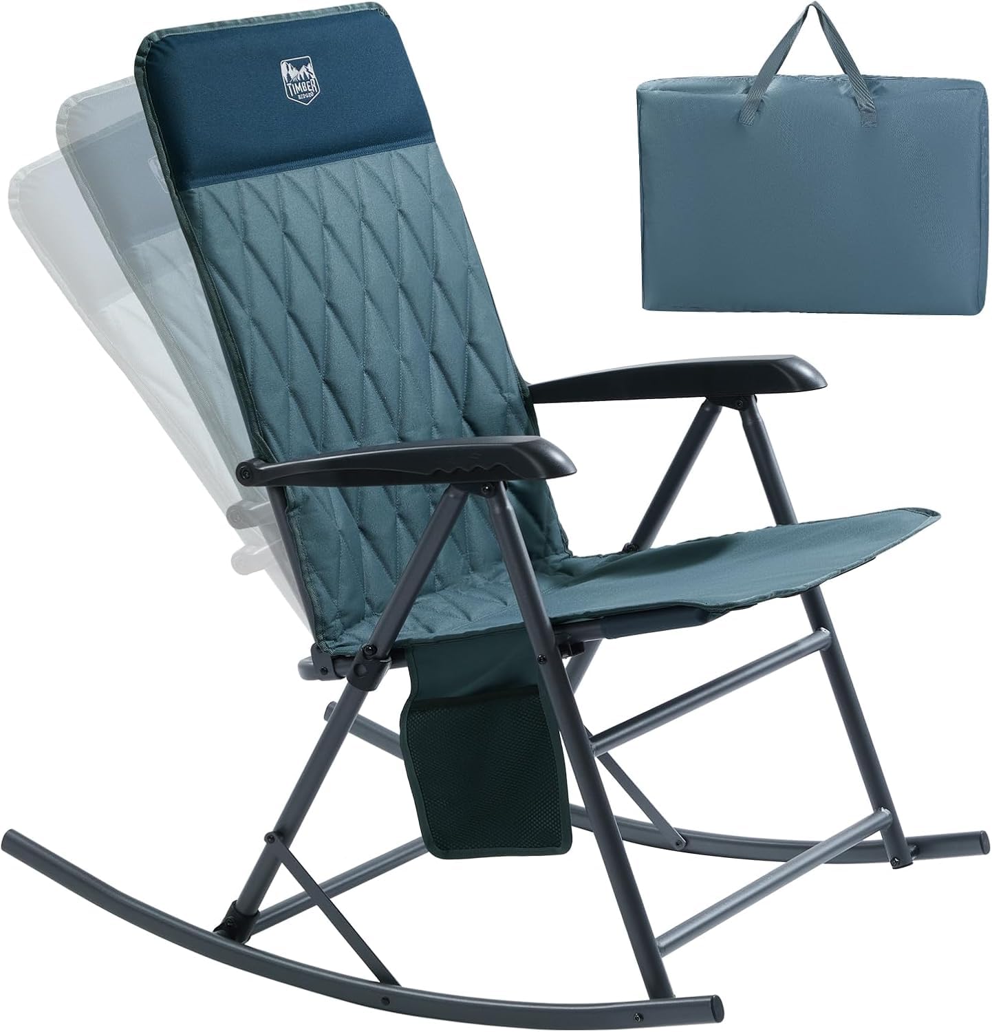 TIMBER RIDGE Adjustable Rocking Camping Chair - Padded High Back Outdoor Rocker with Side Pocket, Portable Folding Chair for Adults (300 LBS Capacity) - Perfect for Lawn, Patio, Porch, Beach & Backyard Relaxation - Blue (1 Pack)