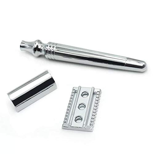 Classic Chrome Safety Razor with 10 Blades & Brush - Wet Shaving Kit for Men - Perfect for Travel & Gifts