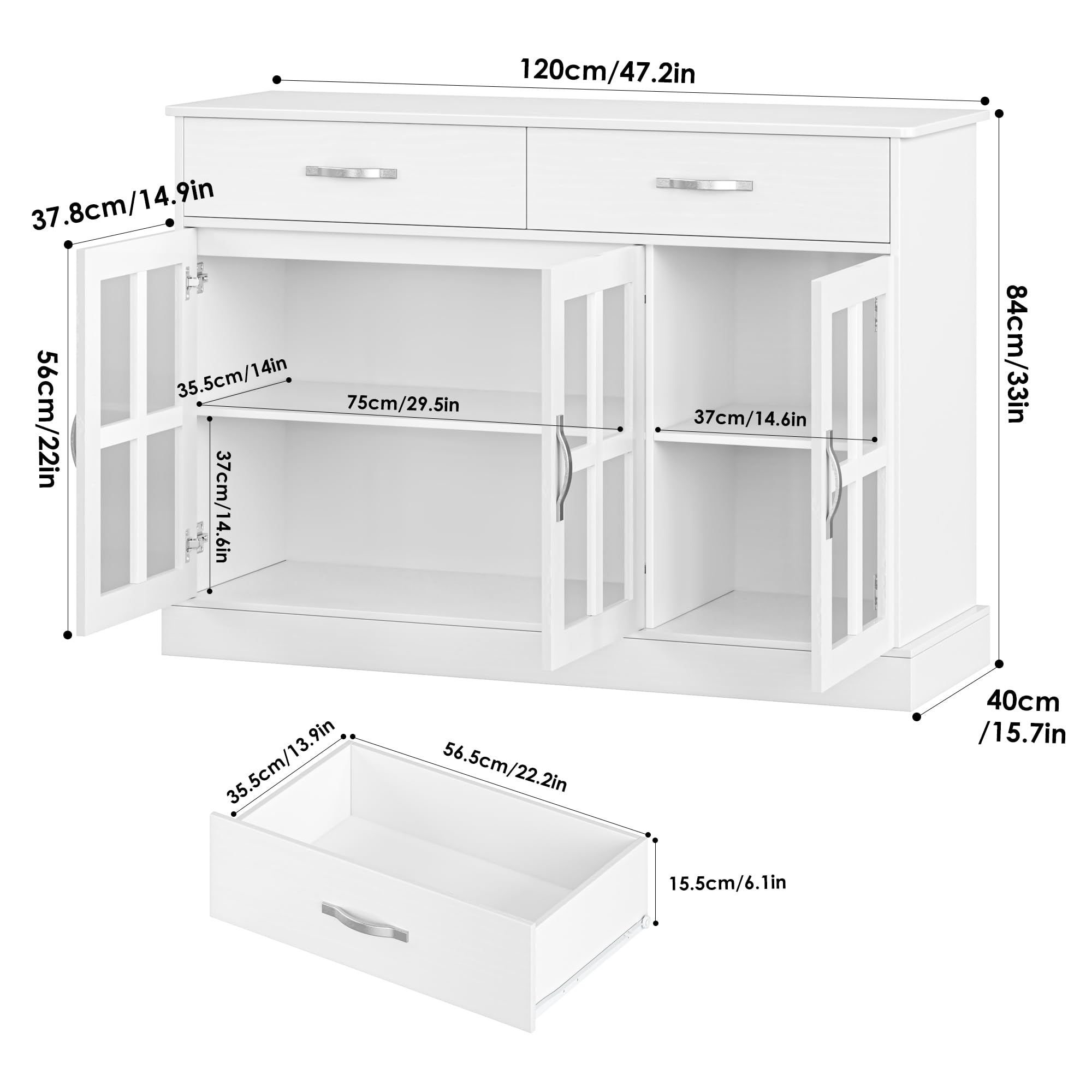 FOTOSOK White Buffet Sideboard Cabinet with Glass Doors - 2 Storage Drawers & Shelves for Dining Room, Living Room | Modern Kitchen Storage Furniture for Home Organization & Entertaining