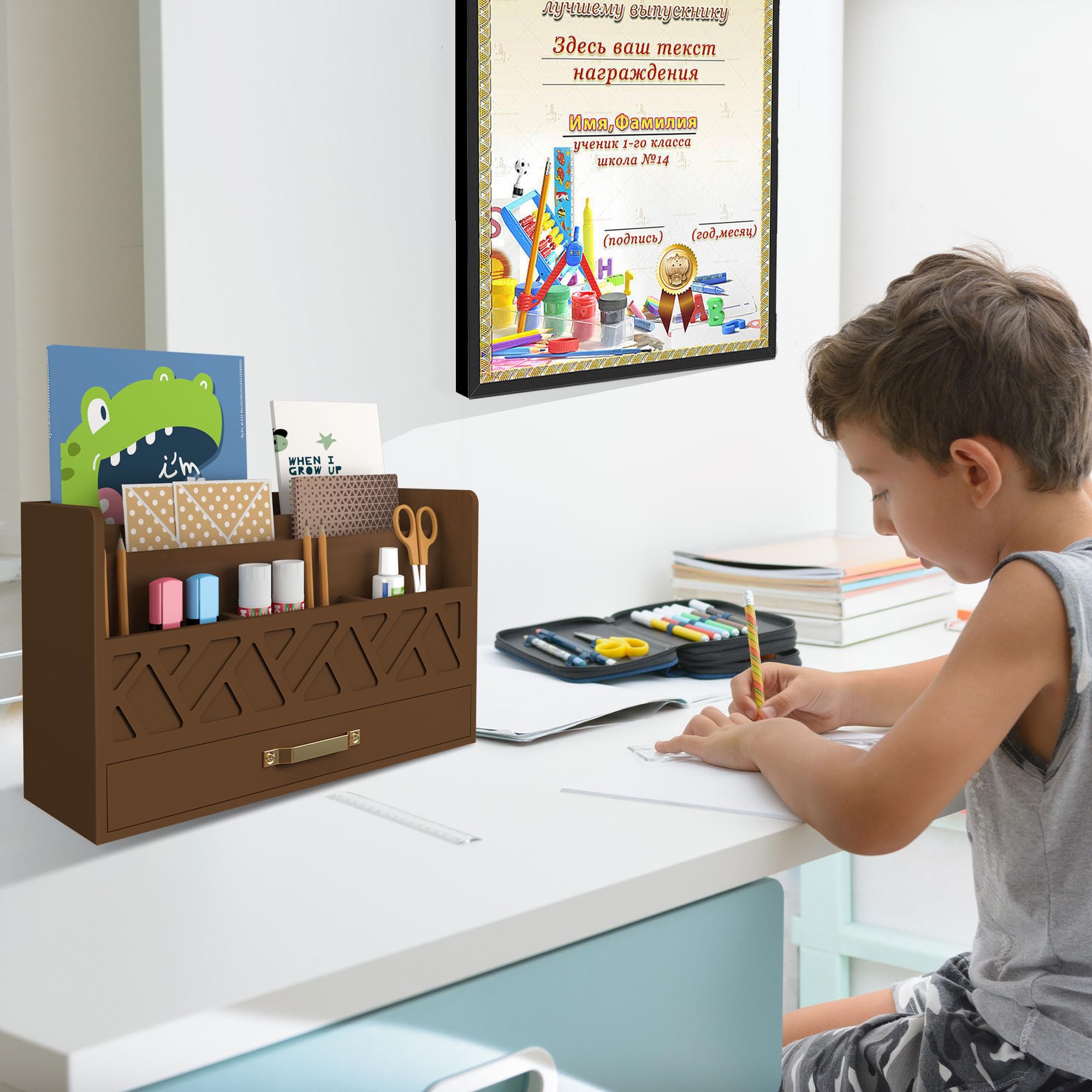Bamboo Desk Organizer - Wooden Mail Holder & Countertop Storage Box with Pen Holder, Letter Sorter & Makeup Organizer for Home Office, School Supplies (All Brown) | Perfect for Desk Organization, Mail Sorting & Makeup Storage