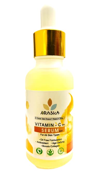 Araska 10% Vitamin C Face Serum for Brightening & Glowing Skin | Pure Ethyl Ascorbic Acid Serum to Reduce Hyperpigmentation & Dark Spots | Anti-Aging Facial Treatment for Dull Skin | 30ml | Perfect for Morning Skincare Routine & Night Repair