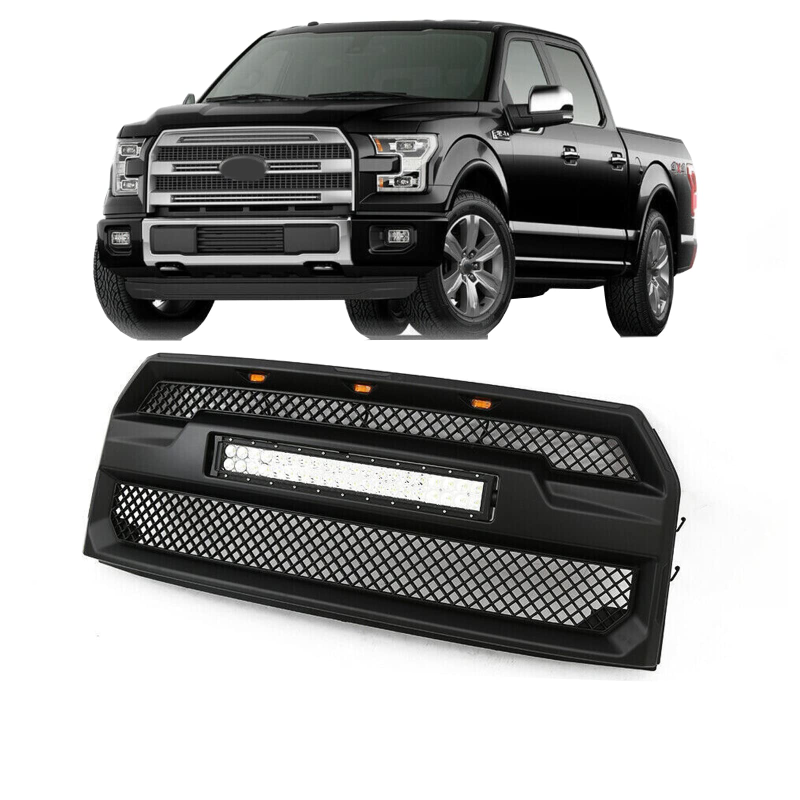 JX Racing Performance Front Upper Grille with LED Light Bar for Ford F150 2015-2017 - Matte Black (No Camera Hole) | Off-Road & Truck Accessories Upgrade