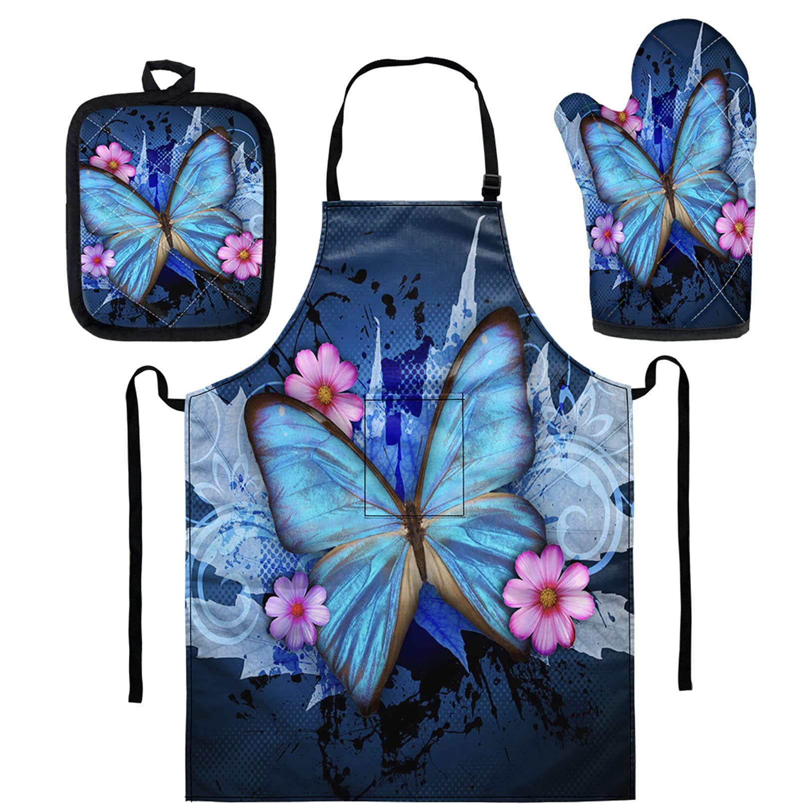 Babrukda 3-Piece Heat-Resistant Oven Mitts & Long Bib Apron Set - Non-Slip Waterproof BBQ Cooking Gloves with Vintage Blue Butterfly Maple Leaf Design - Perfect for Baking, Grilling & Kitchen Safety