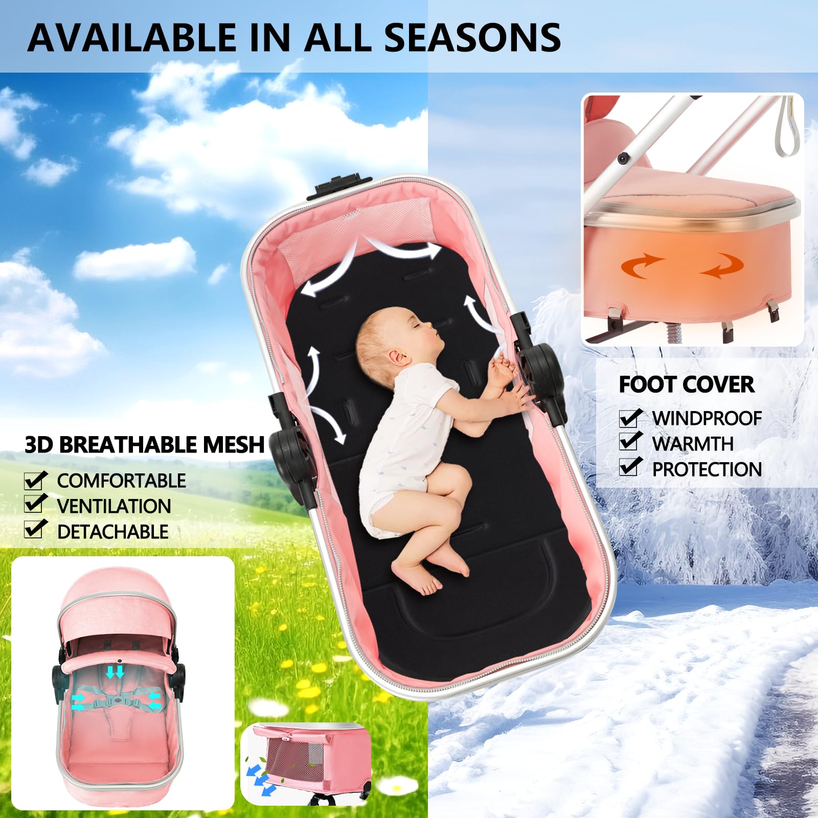 Kinder King 2 in 1 Convertible Baby Stroller - Lightweight Folding Travel Stroller with Reversible Bassinet & Adjustable Canopy | Includes Diaper Bag | Perfect for Newborns & Infants (Pink) | Ideal for Shopping, Travel & Daily Walks