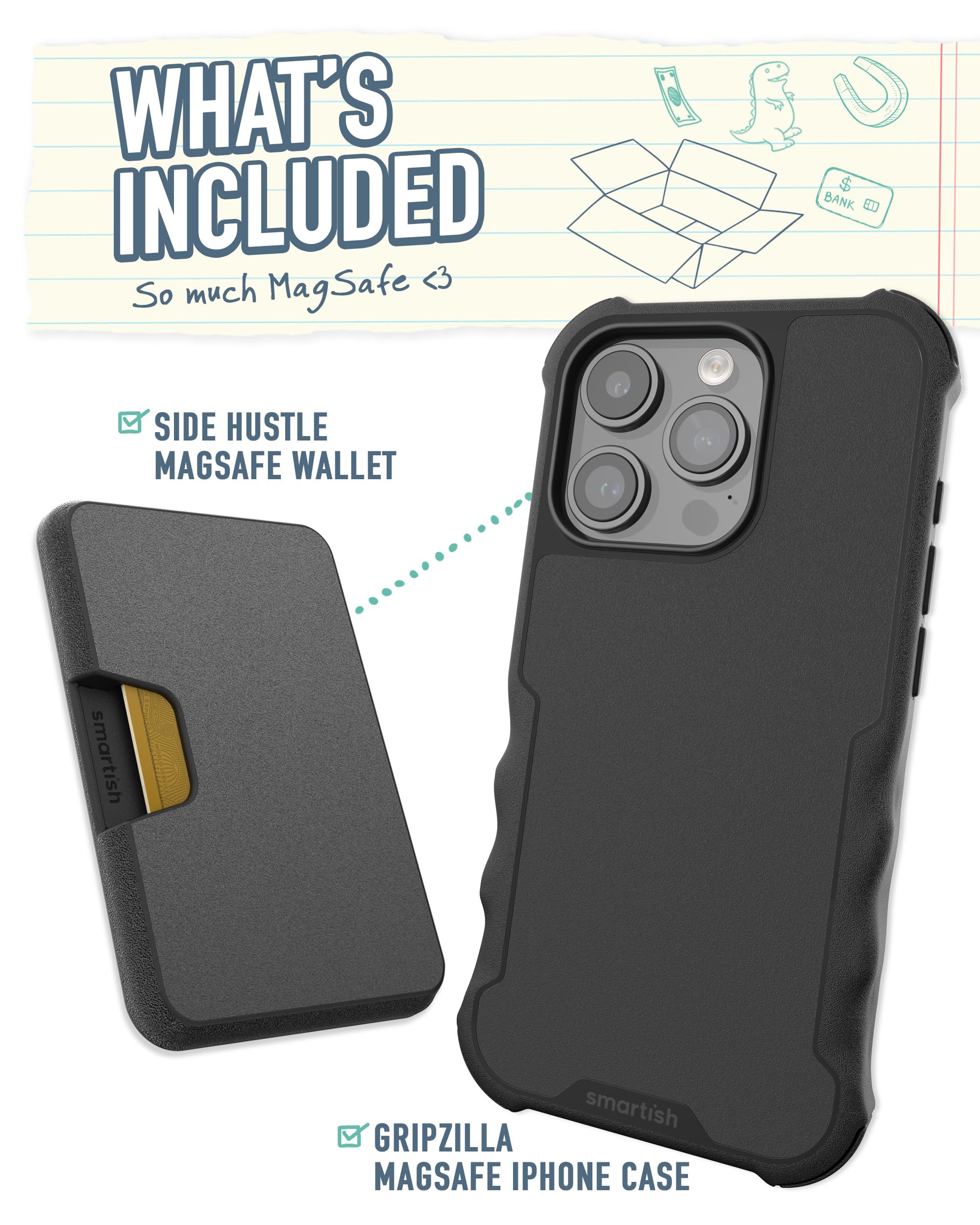 Smartish iPhone 15 Pro Case with Wallet & MagSafe Compatibility - Heavy Duty Armor Grip Cover with Detachable Magnetic Card Holder (Black) - Perfect for Everyday Protection & Secure Card Storage
