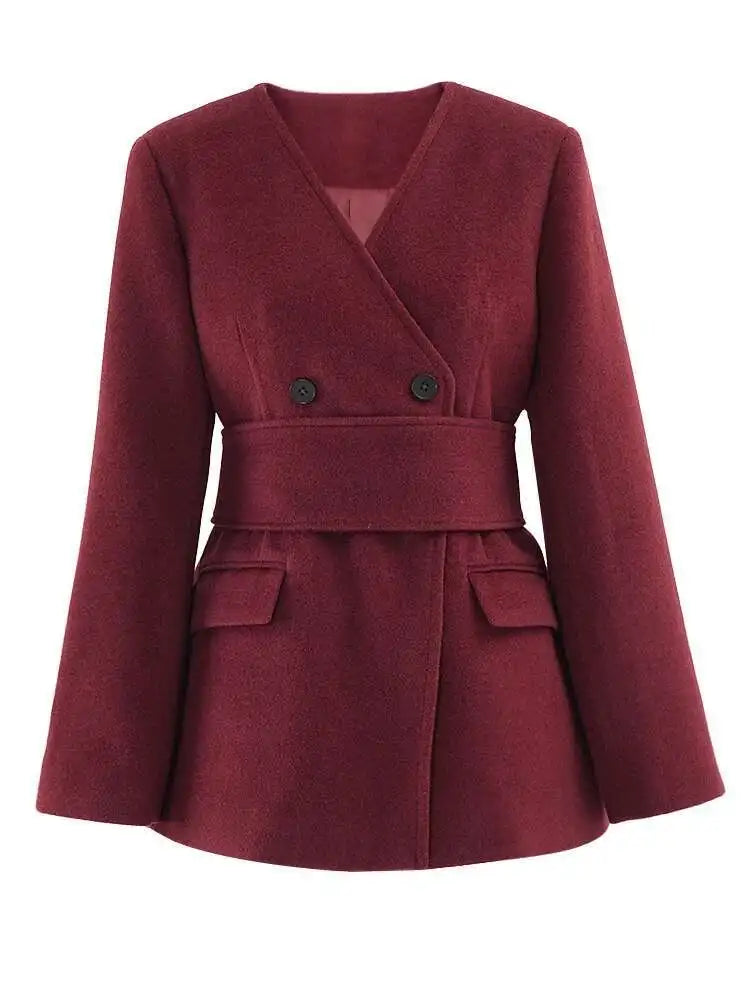 Women's Big Size Red Blazer & Wide Leg Pants Two-Piece Suit - V-Neck Long Sleeve Fashion Set for Spring Autumn 2025 | Office Wear, Business Attire, Formal Occasions
