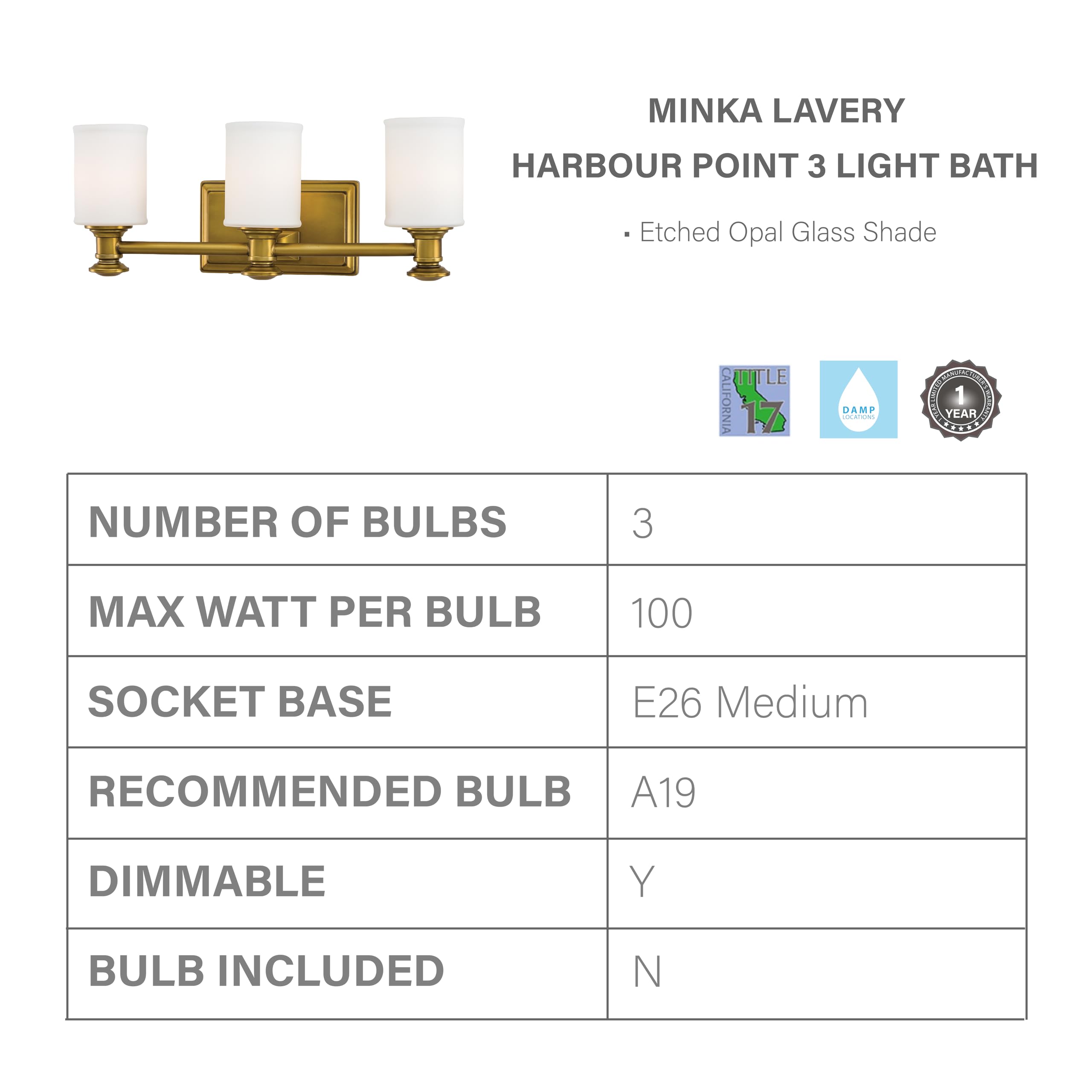 Minka Lavery Harbour Point 5173-249 Brass Vanity Wall Light Fixture - 7