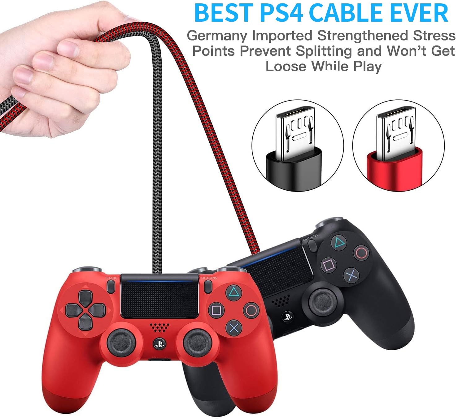 KOOWOD 2-Pack 10FT Nylon Braided Micro USB 2.0 Charging Cable - Fast Charging & Data Sync for PS4 DualShock 4, Xbox One S/X Controllers, Android Phones - Durable Gaming & Mobile Charging Solution for Home & Travel