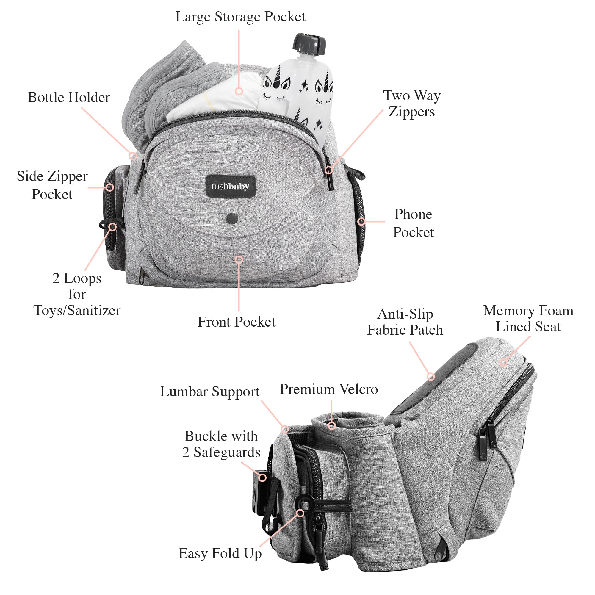 TushBaby Safety Certified Adjustable Hip Seat Carrier - Ergonomic Design for Newborns, Toddlers & Kids, Machine Washable, Ultra-Comfortable Waist Support (Grey) | Perfect for Shopping, Travel & Everyday Parenting