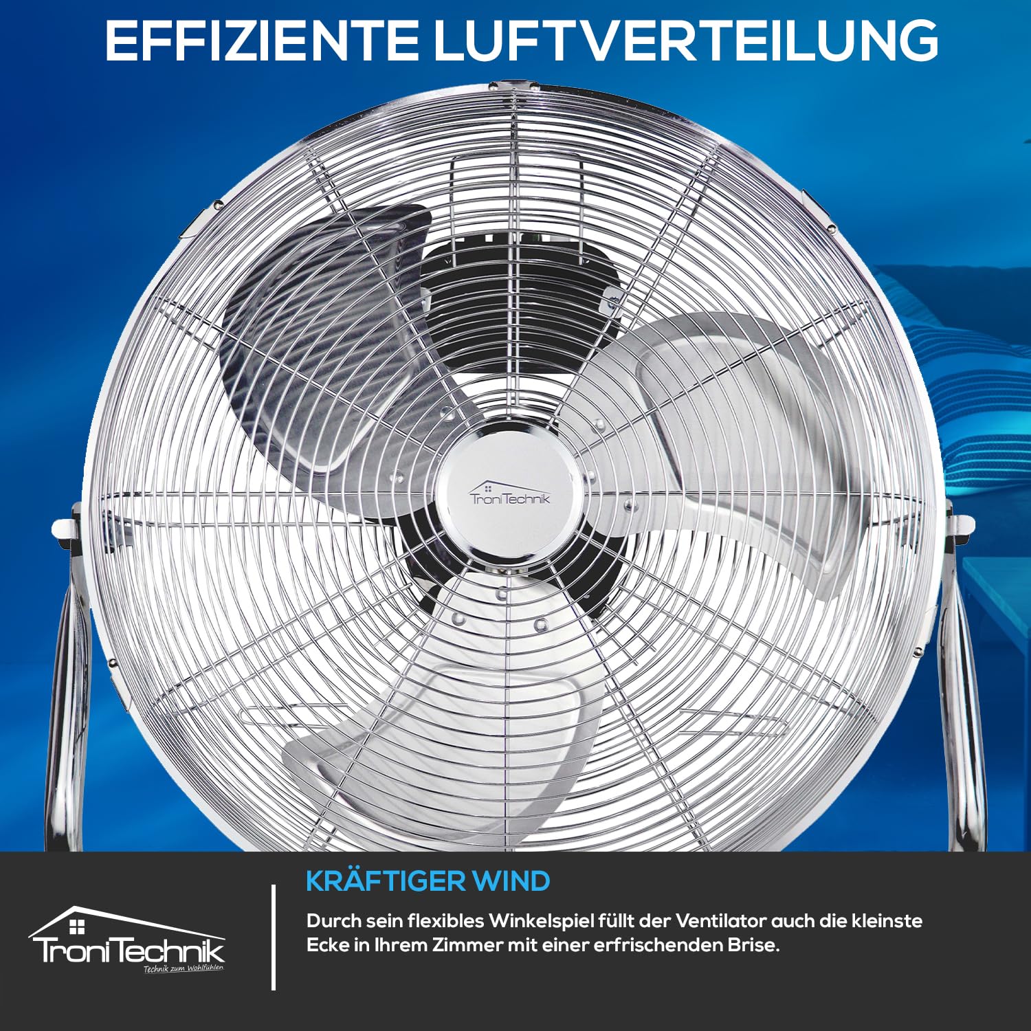 Tronitechnik® XL 45cm Floor Fan with Adjustable Angle & 3 Speed Levels - Powerful Metal Air Cooler for Home, Office, Bedroom & Living Room Cooling