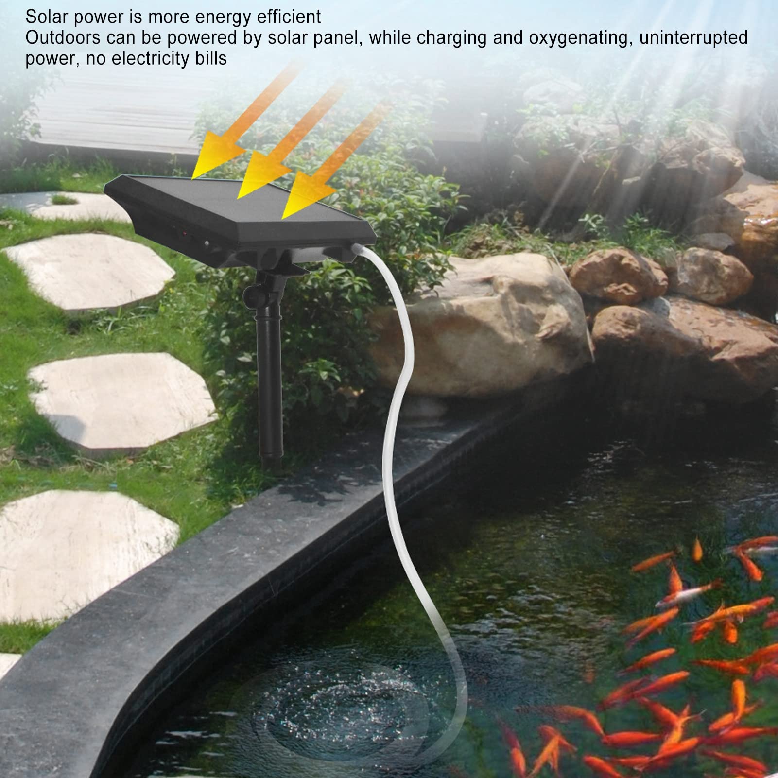 Solar Powered Air Pump for Fish Tank & Outdoor Pond - Oxygen Aerator with Bubble Stone & Aquarium Tubing - Ideal for Gardening, Water Circulation, Small Ponds & Landscape Decoration - Perfect for Backyard Water Features & Aquarium Oxygenation