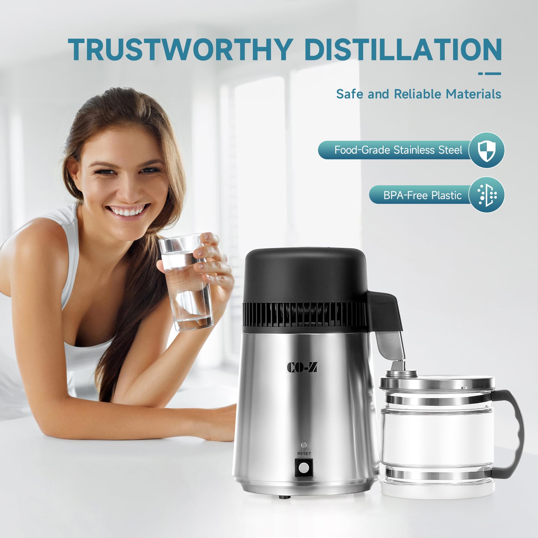 CO-Z 4L Brushed Stainless Steel Water Distiller Machine | Home Distilled Water Maker with Glass Pot | Water Purification System for Clean Drinking Water | Perfect for Home, Office, and Emergency Preparedness