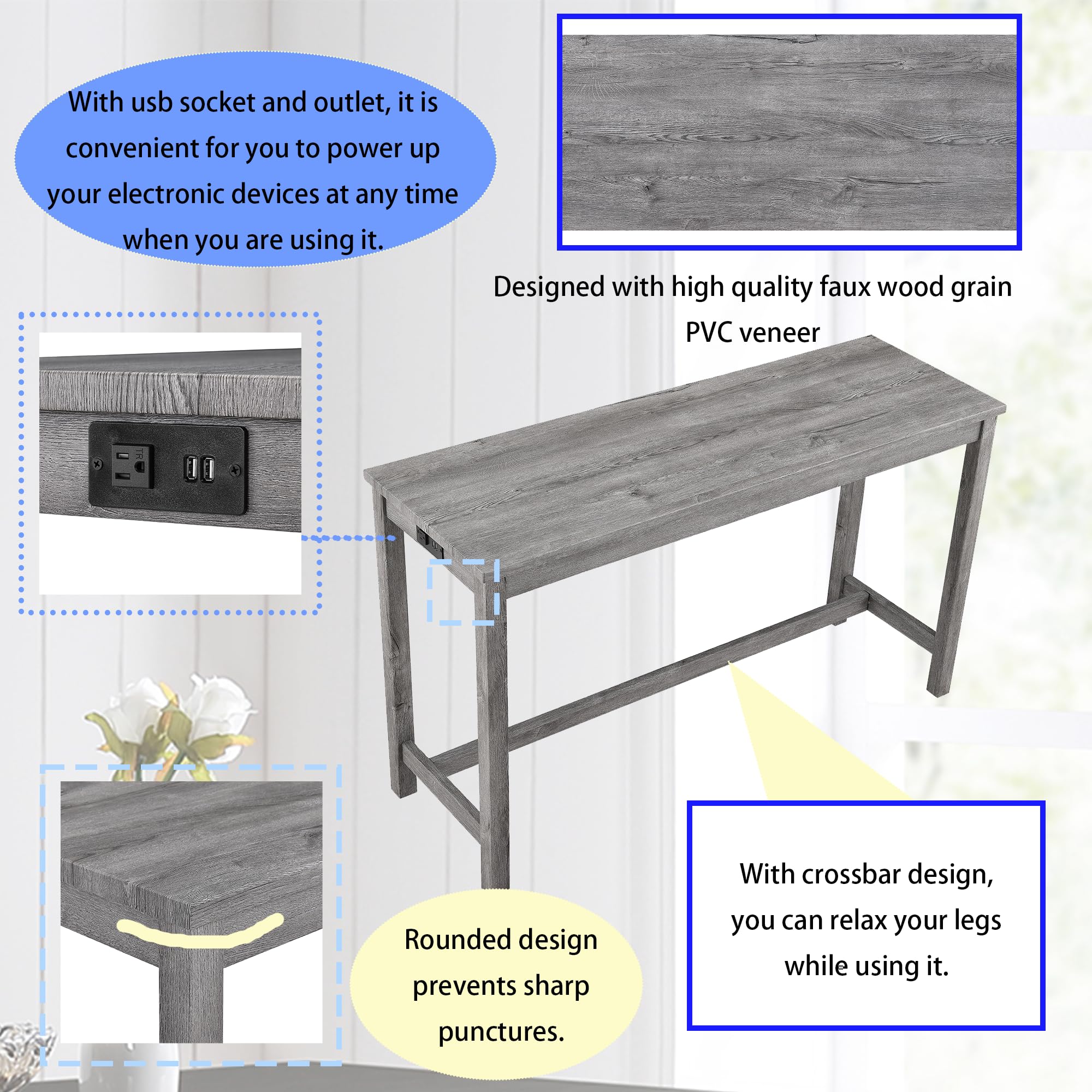 **Merax 4-Piece Bar Table Set with Power Outlet - Industrial Breakfast Table & 3 Padded Stools, Gray - Perfect for Living Room, Dining Room, Game Room & Small Space Entertaining**