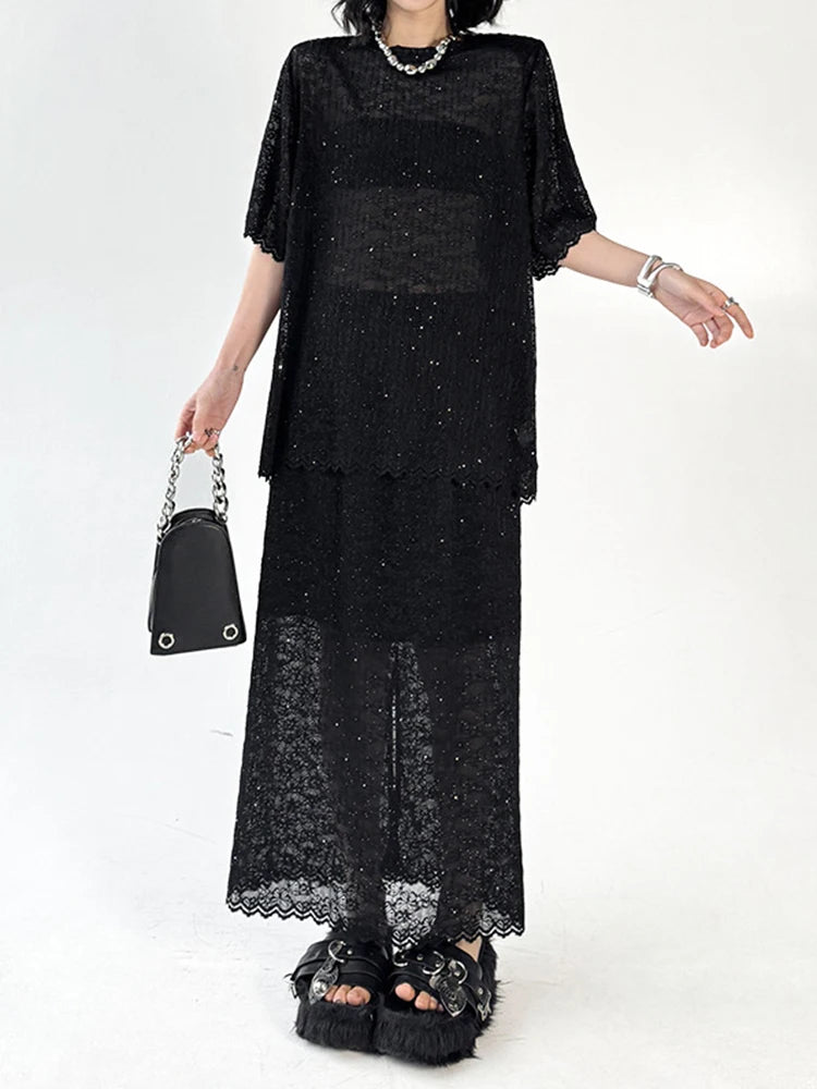 Black Lace T-Shirt & Back Slit Skirt 2-Piece Set - Round Neck Short Sleeve Women's Fashion Outfit for Spring Summer 2025 | Casual Wear, Date Night, Office Attire