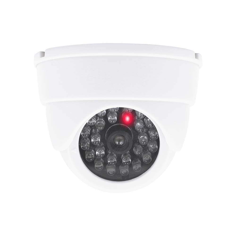 Fake Security Camera with Flashing Red LED - Battery Powered Dummy Dome Surveillance Camera for Home & Business Security - Indoor/Outdoor Use with Warning Stickers - Perfect for Deterring Burglars in Stores, Warehouses & Residential Areas