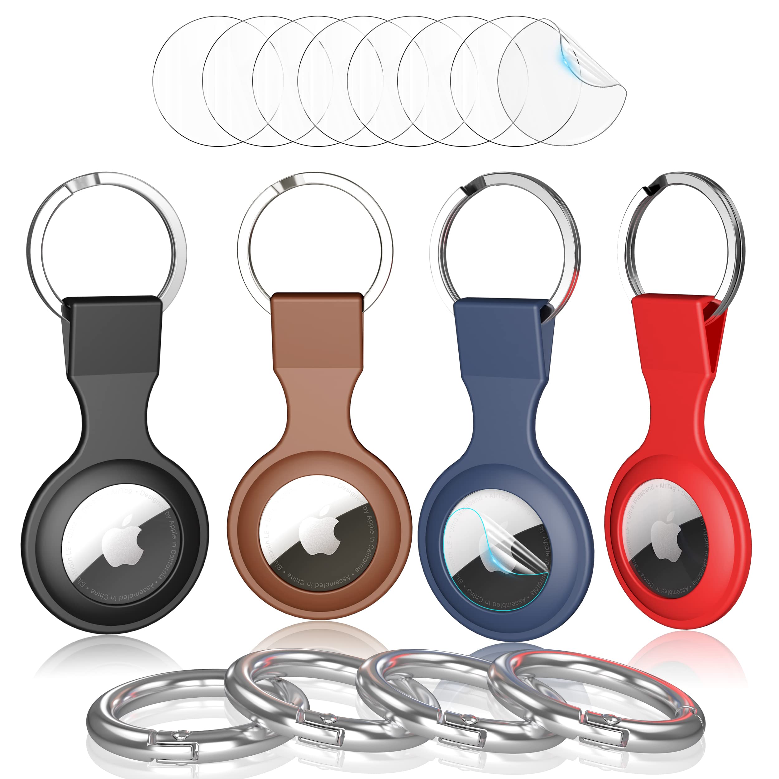 4 Pack Soft Silicone AirTag Case for Apple AirTag 2021 - Includes 8 Screen Protectors, Anti-Scratch Lightweight Cover with Key Ring - Perfect for Keychain, Luggage, Pets & Valuables Tracking Accessories