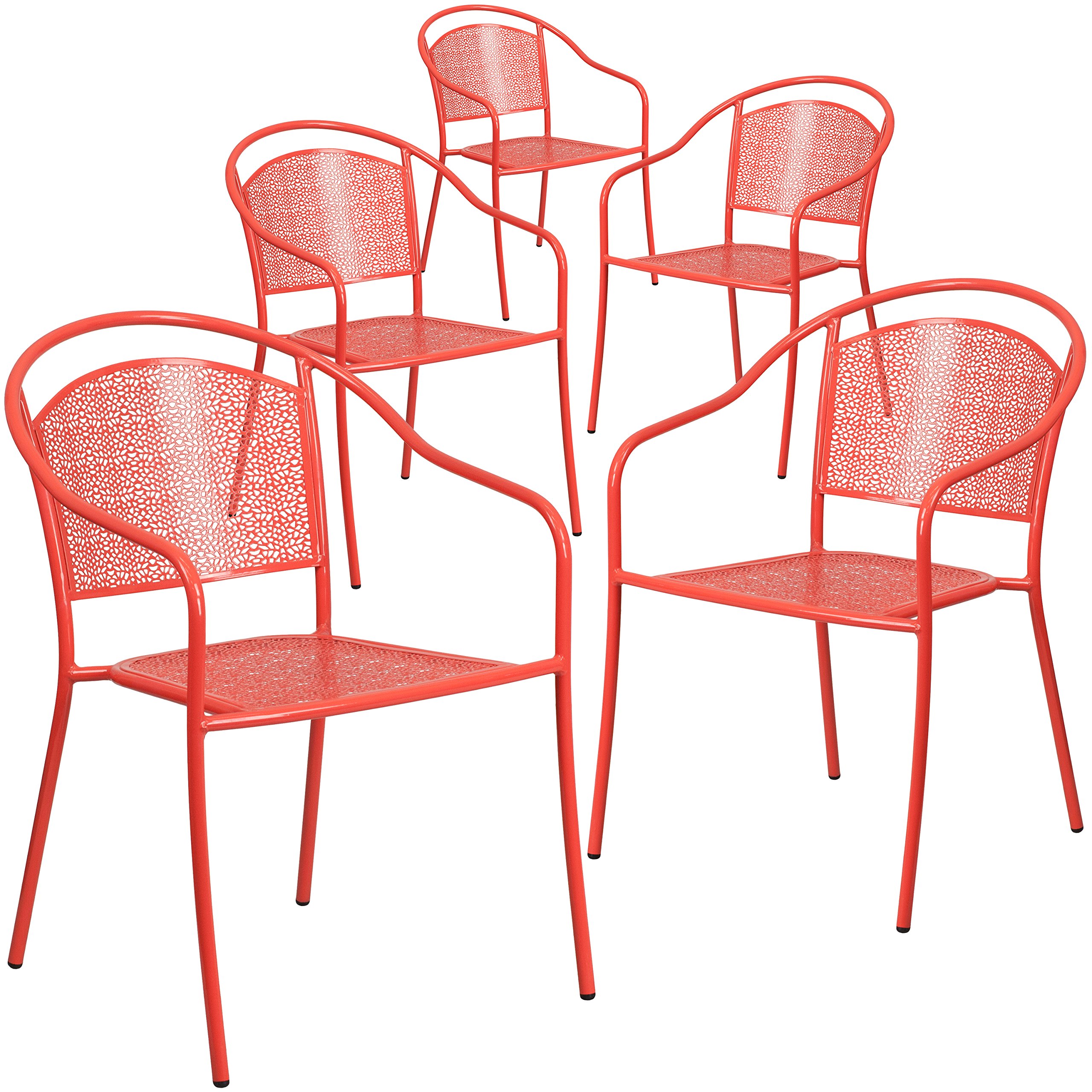 Flash Furniture Oia Commercial Grade 5-Pack Coral Indoor-Outdoor Steel Patio Arm Chairs with Round Back - Durable Stackable Dining Chairs for Restaurants, Cafes, and Outdoor Entertaining