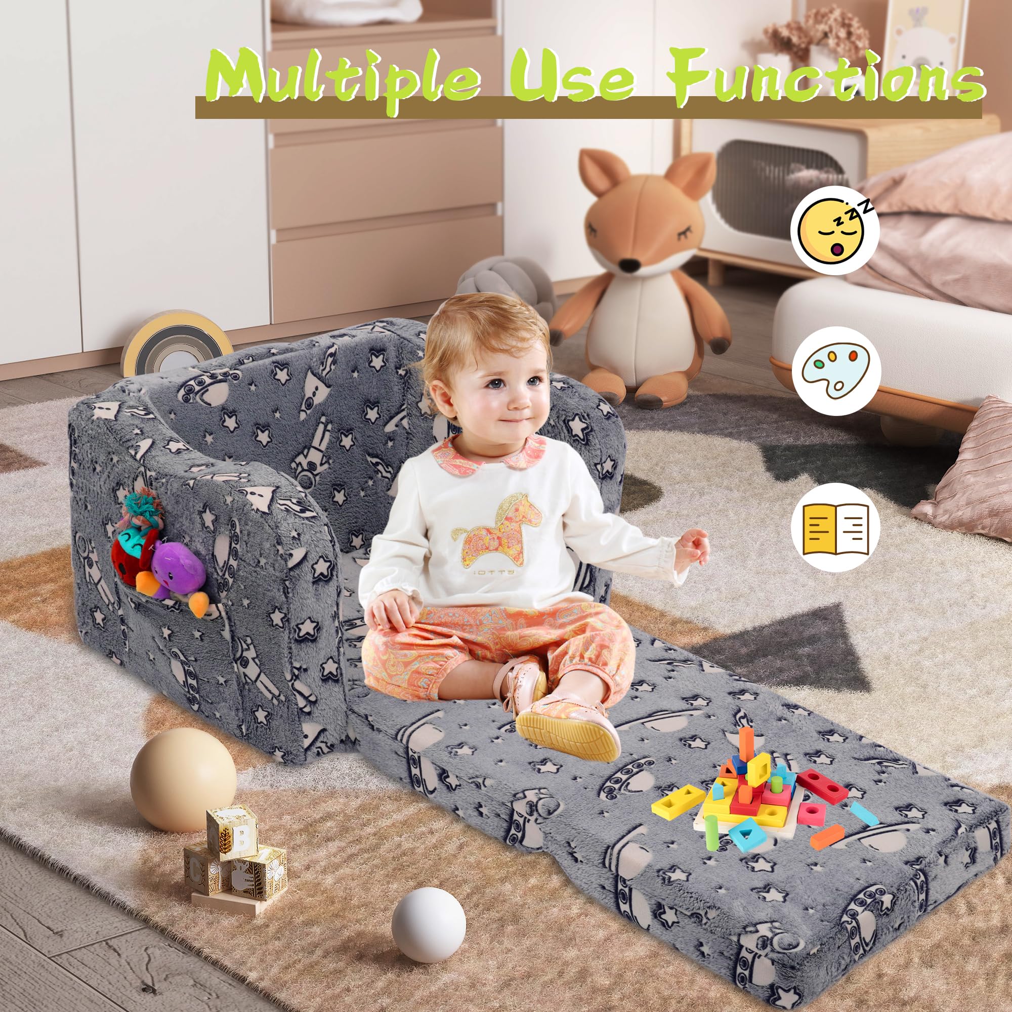 2-in-1 Glow in The Dark Toddler Couch Bed - Convertible Sofa to Lounger for Boys & Girls | Foldable Kids Furniture for Playroom, Nursery & Bedtime Reading