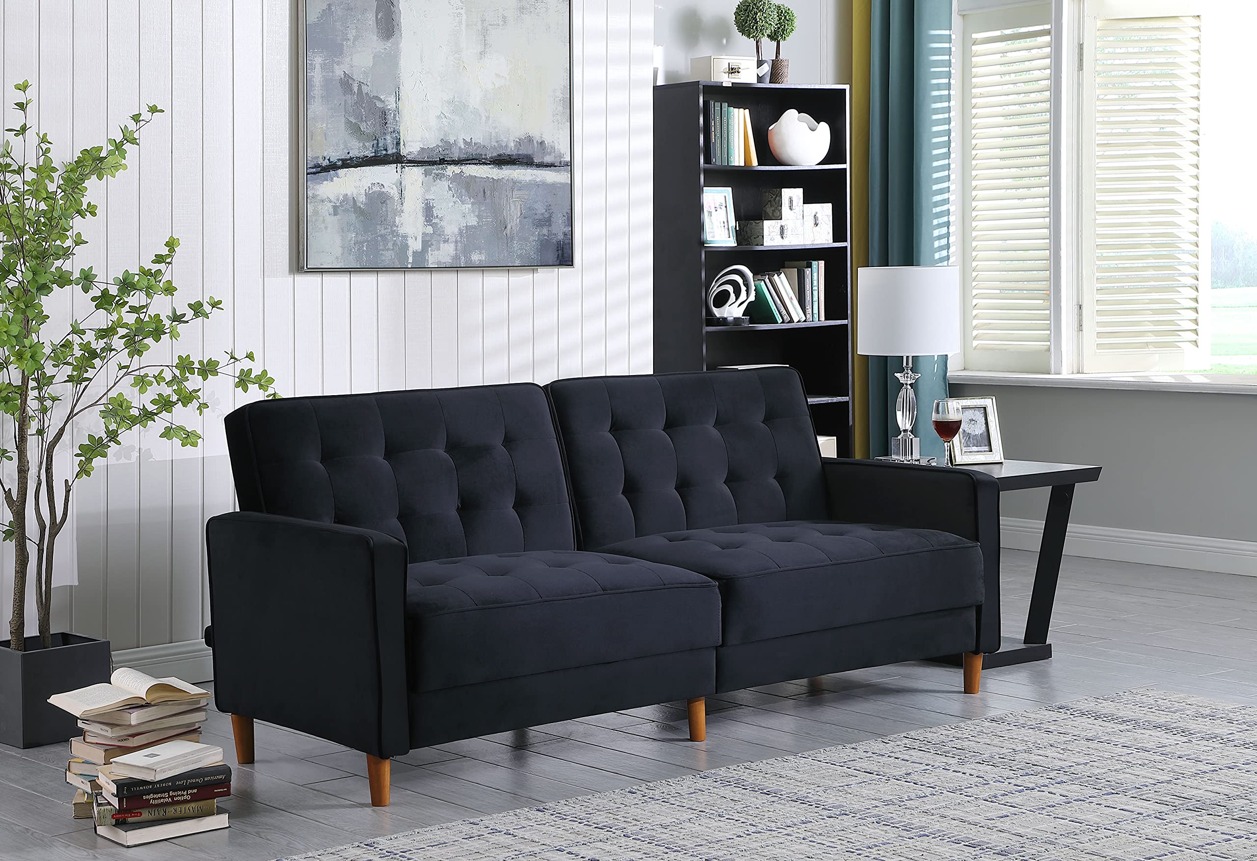 Velvet Sofa Bed - Convertible Mid Century Modern Sleeper Loveseat with Square Arms, Upholstered Recliner Couch for Small Spaces | Perfect for Home, Living Room, Studio Apartments & Guest Rooms (Black)